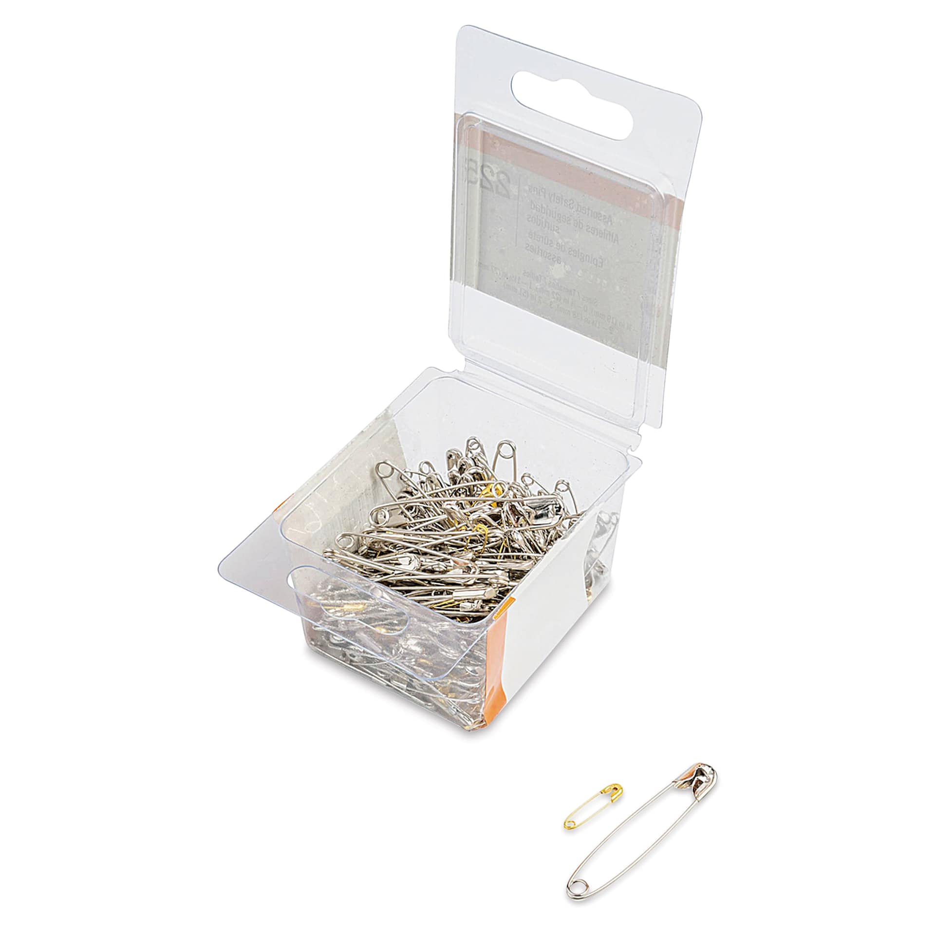 Singer Assorted Safety Pins - Pkg of 225, two pins laid outside of opened packaging