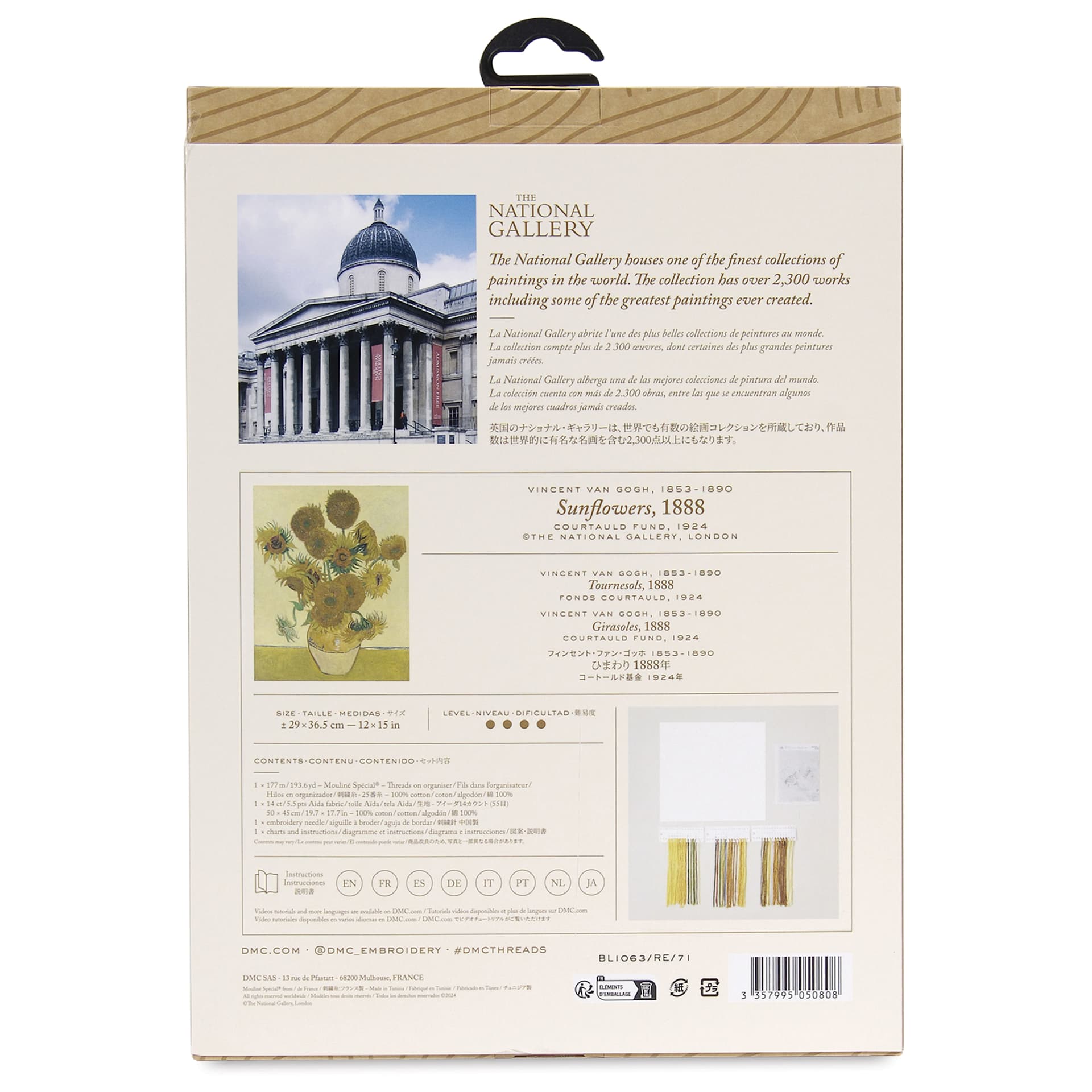 DMC The Museum Collection Cross Stitch Kit - “Sunflowers” by Vincent van Gogh, back of packaging