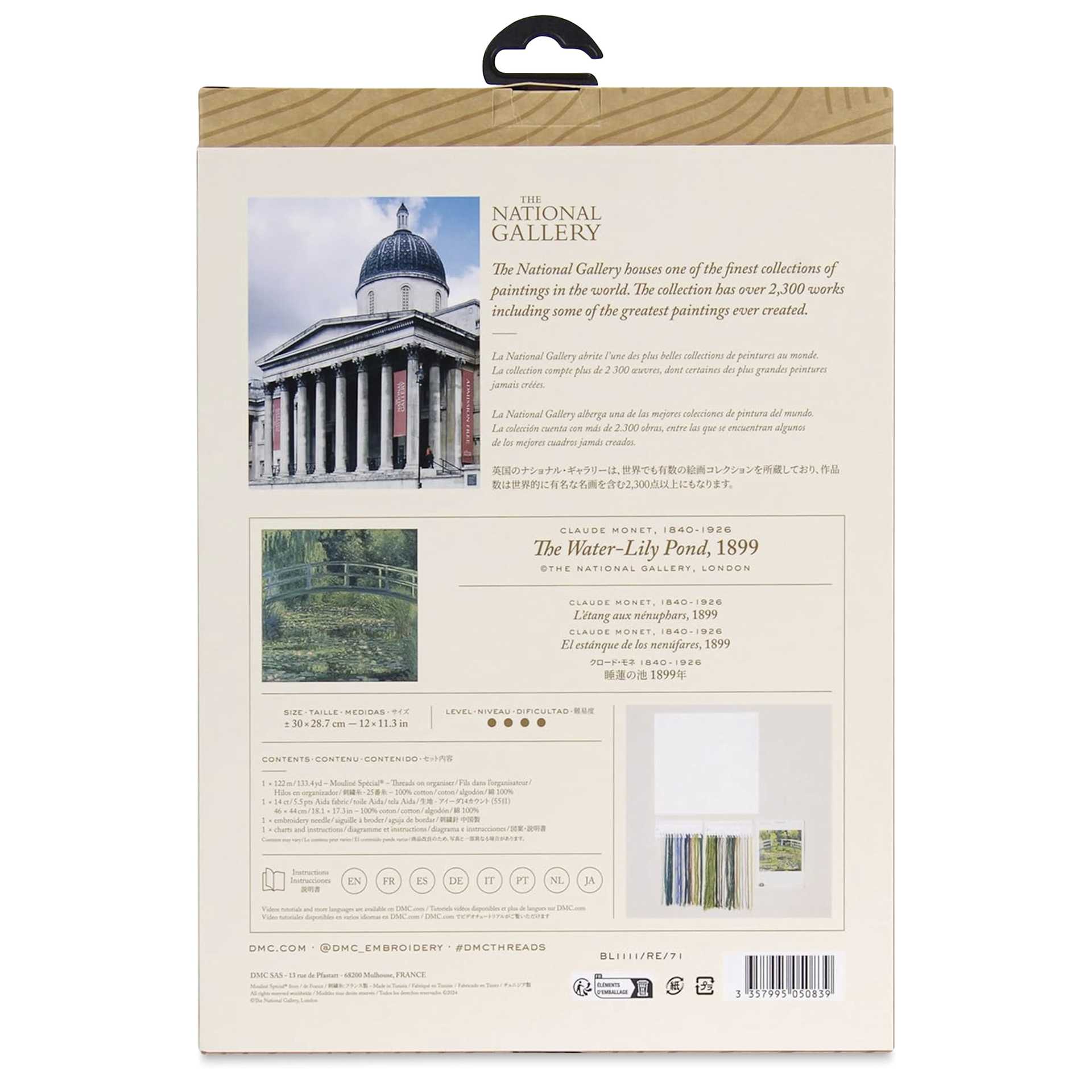 DMC The Museum Collection Cross Stitch Kit - “The Water-Lily Pond” by Claude Monet, back of packaging