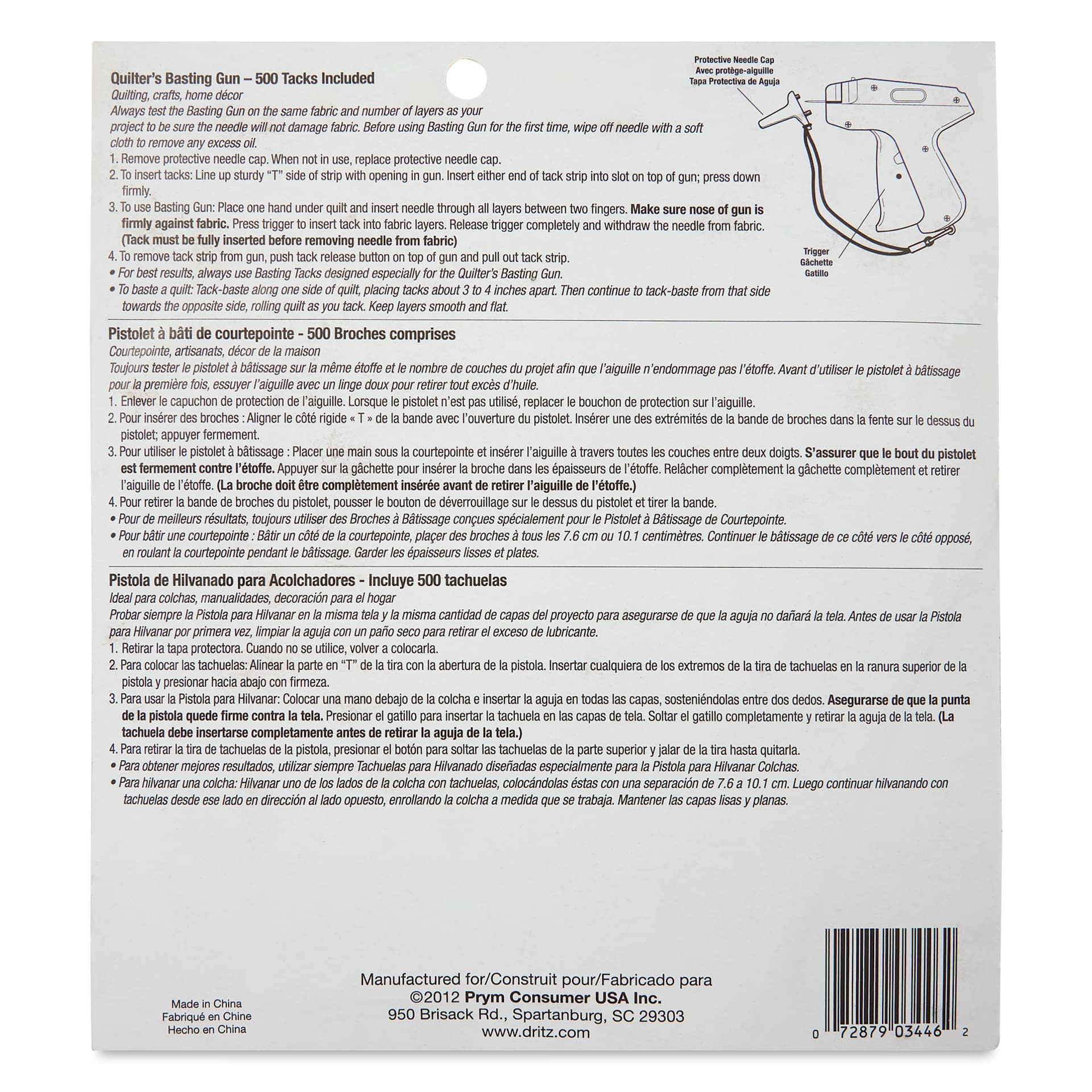 Dritz Quilter's Basting Gun w/ 500 Tacks - back of packaging