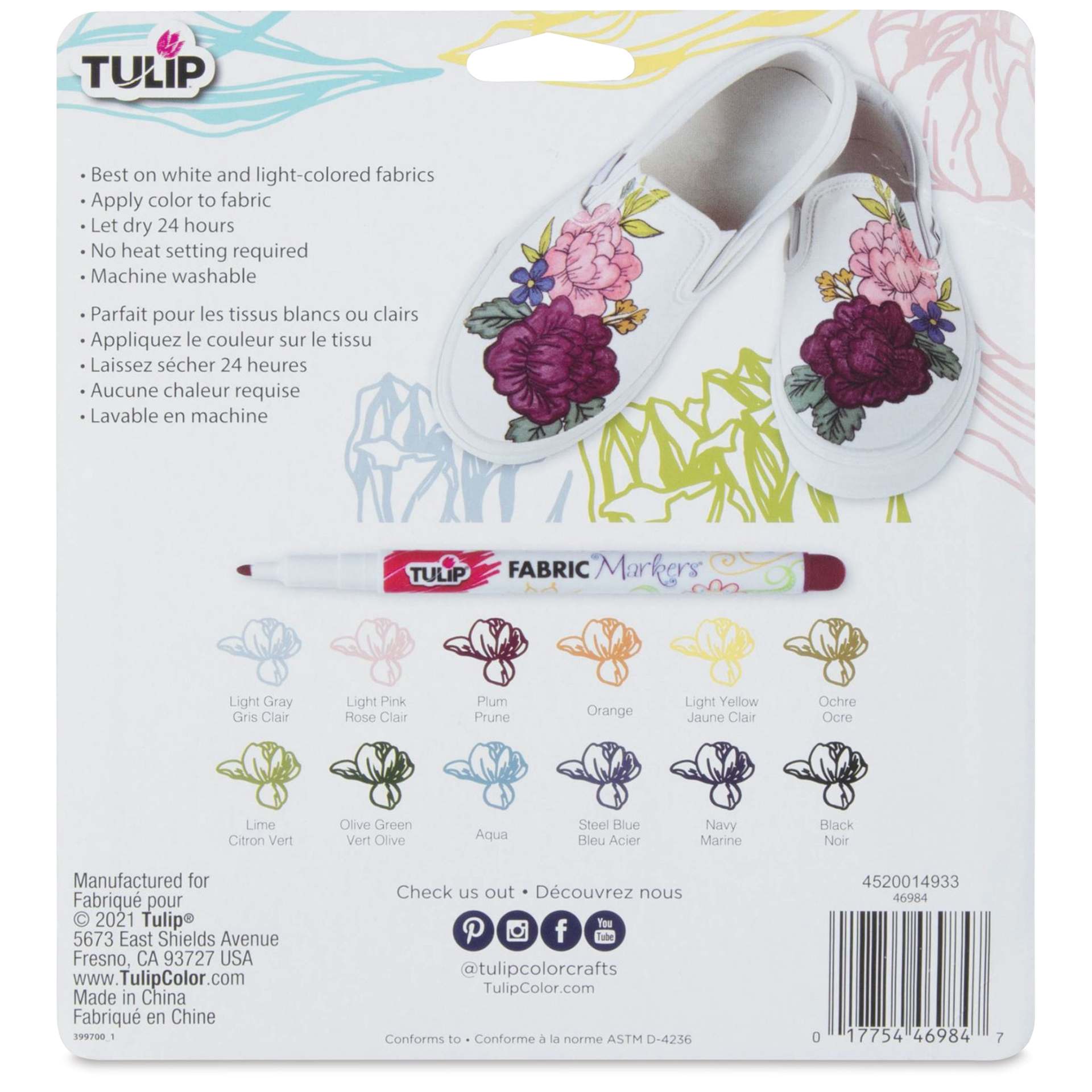 Tulip Fine Tip Fabric Markers - Mountainside Meadow, Set of 12 (back of packaging)
