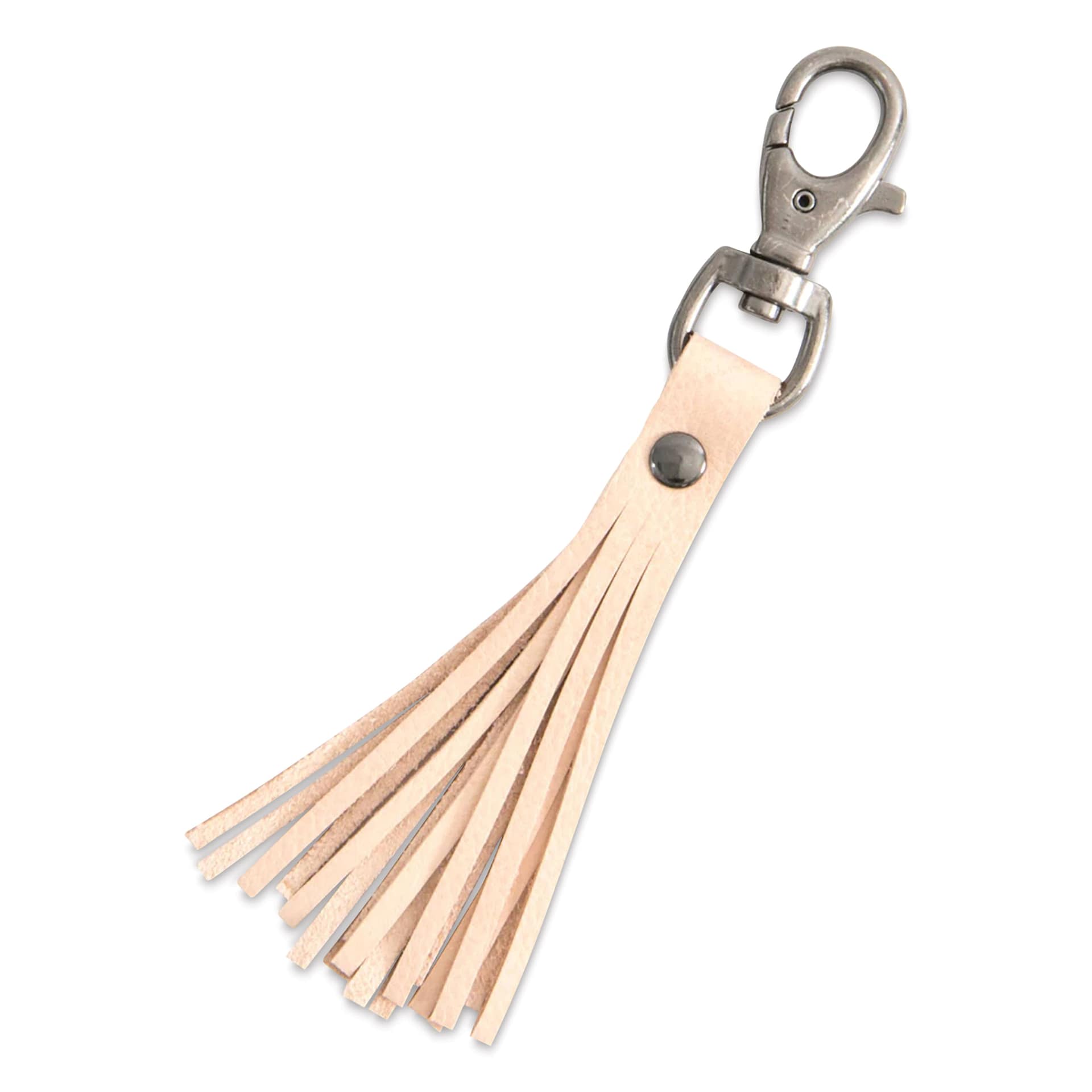 Dritz Double-Cap Rivets & Tools Set, one rivet inserted in leather decoration attached to carabiner