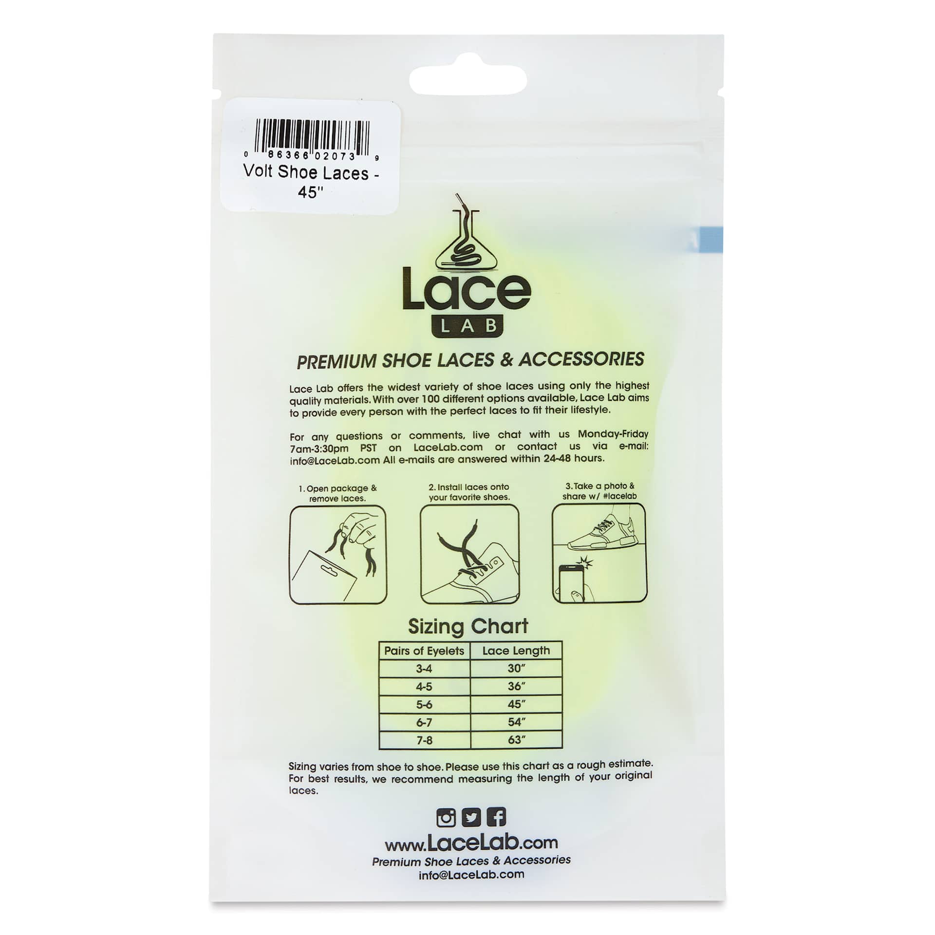 Angelus Lace Lab Flat Colored Shoe Laces - Volt, back of the packaging