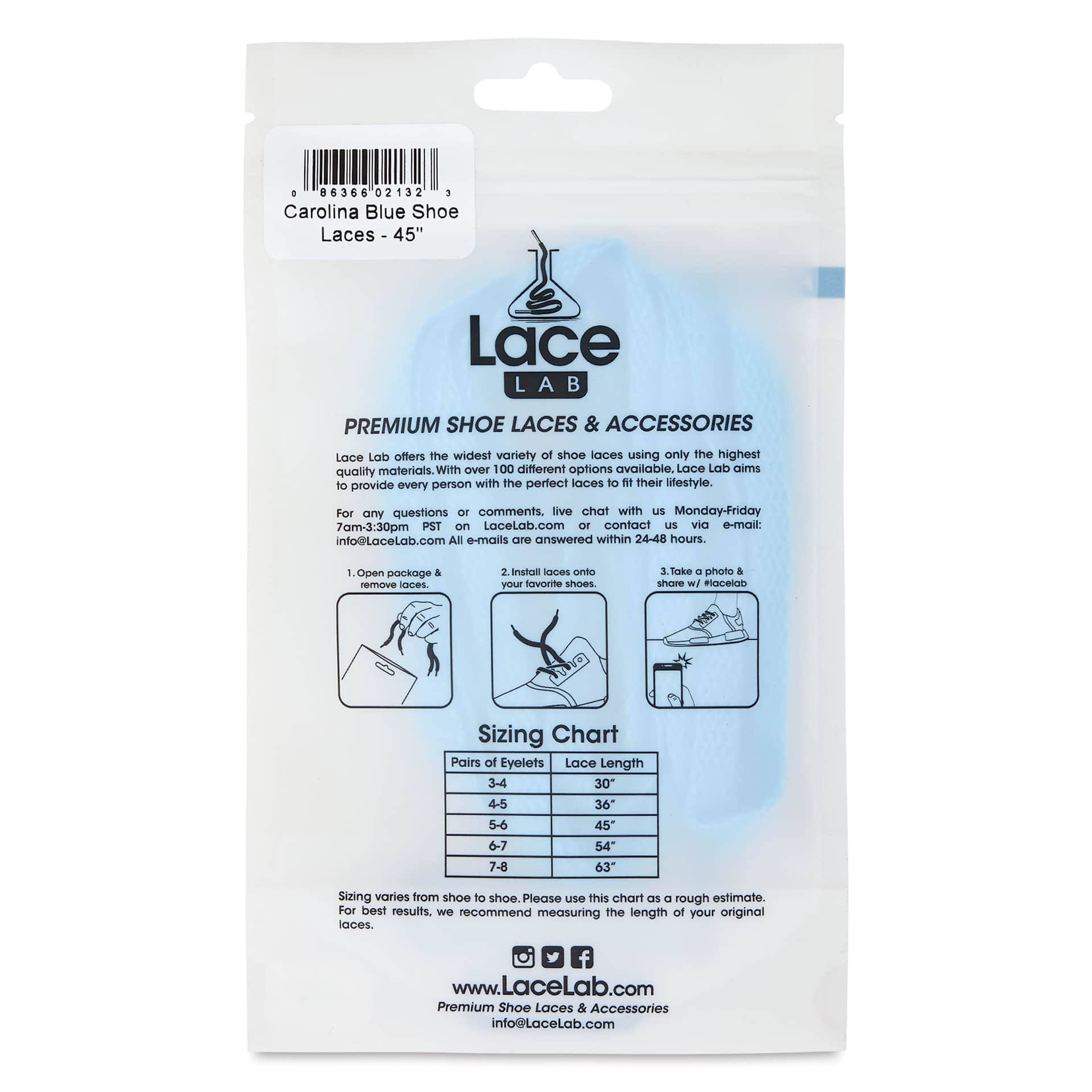Angelus Lace Lab Flat Colored Shoe Laces - Carolina Blue, back of the packaging
