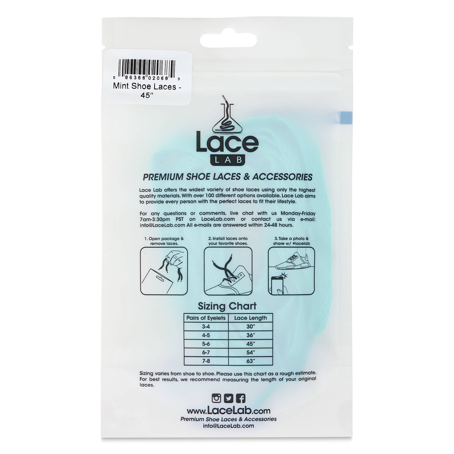 Angelus Lace Lab Flat Colored Shoe Laces - Mint, back of the packaging
