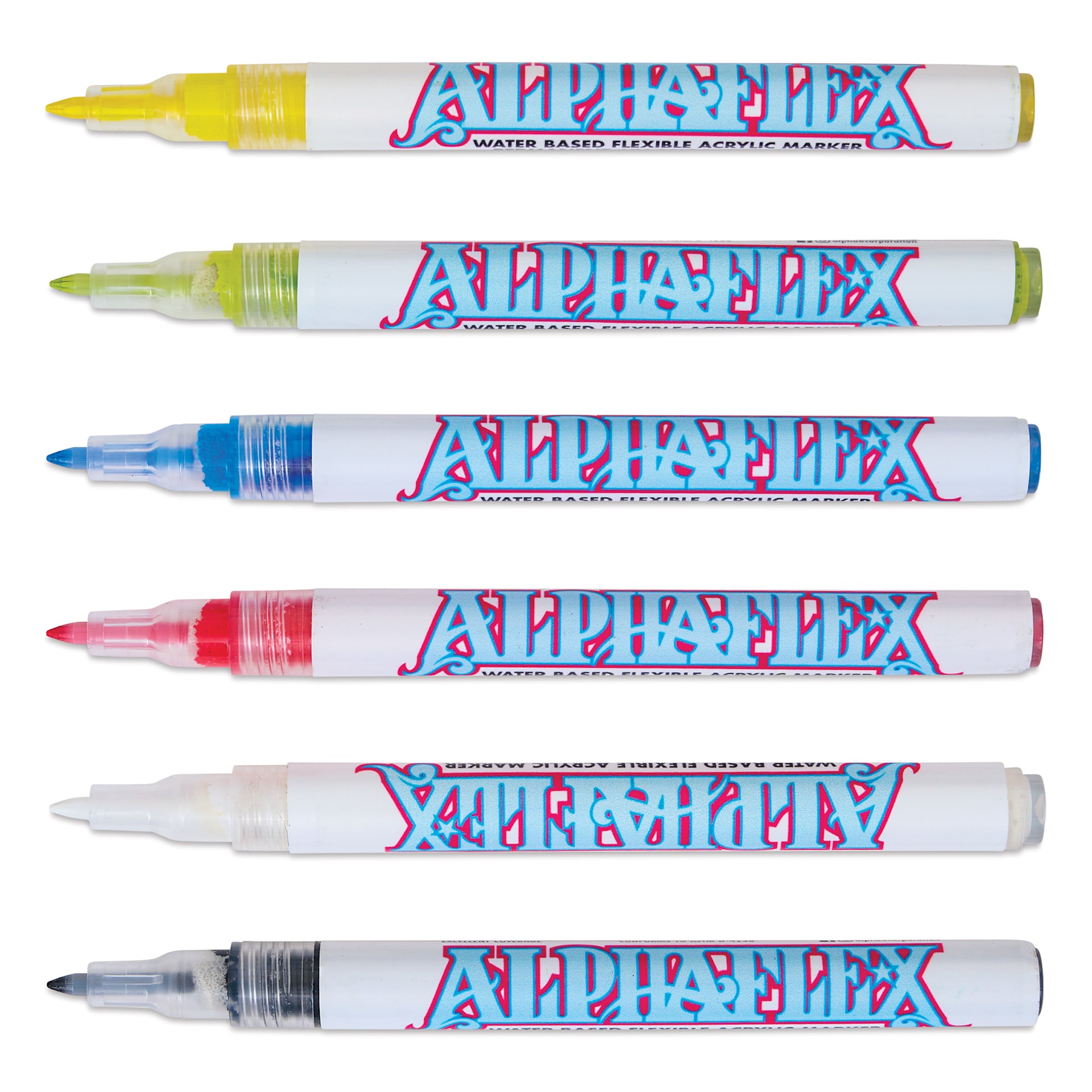 Alpha6 AlphaFlex Textile and Leather Paint Markers - Assorted Colors, 1 mm, Set of 6 markers with caps off