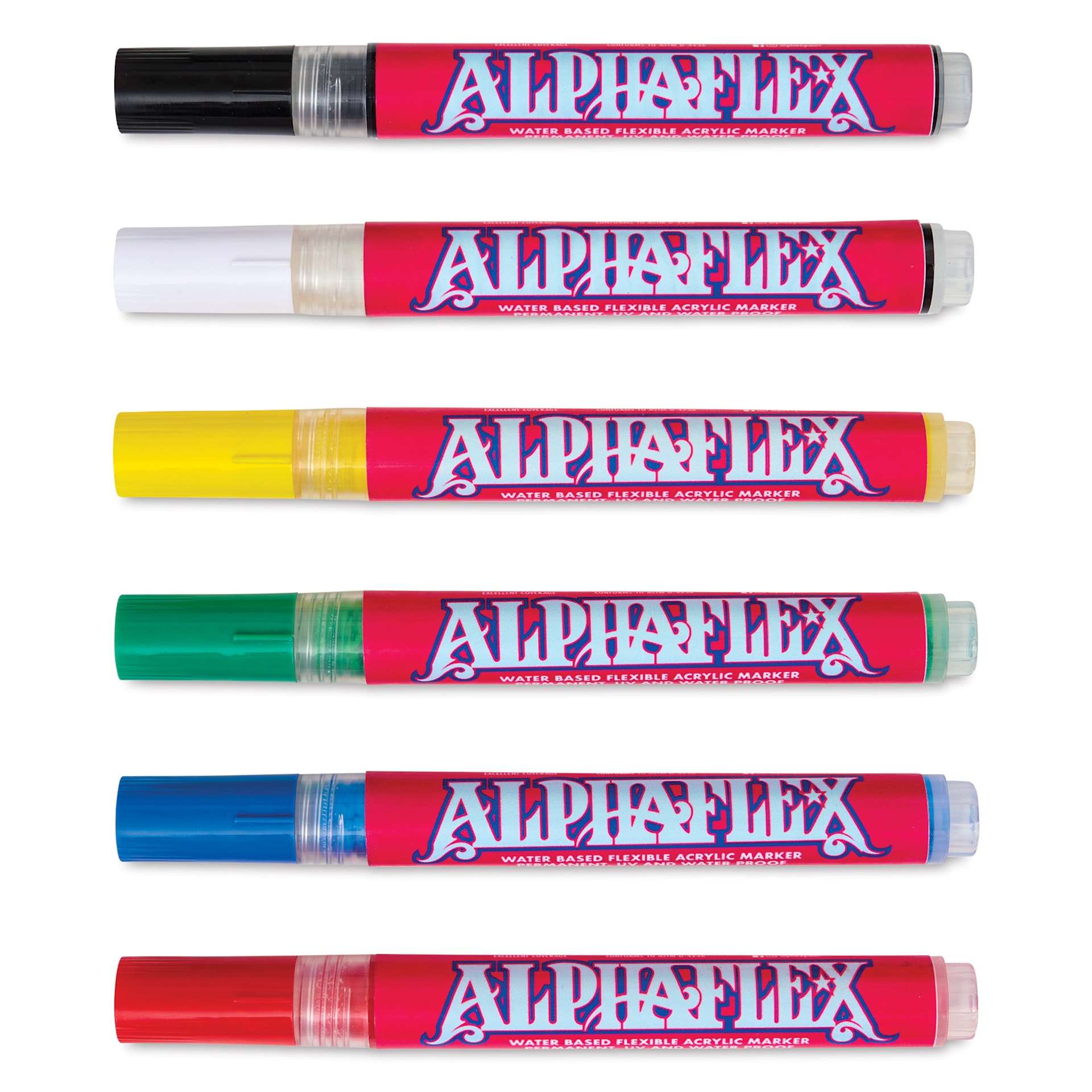 Alpha6 AlphaFlex Textile and Leather Paint Markers - Assorted Colors, 4 mm, Set of 6 markers with caps on