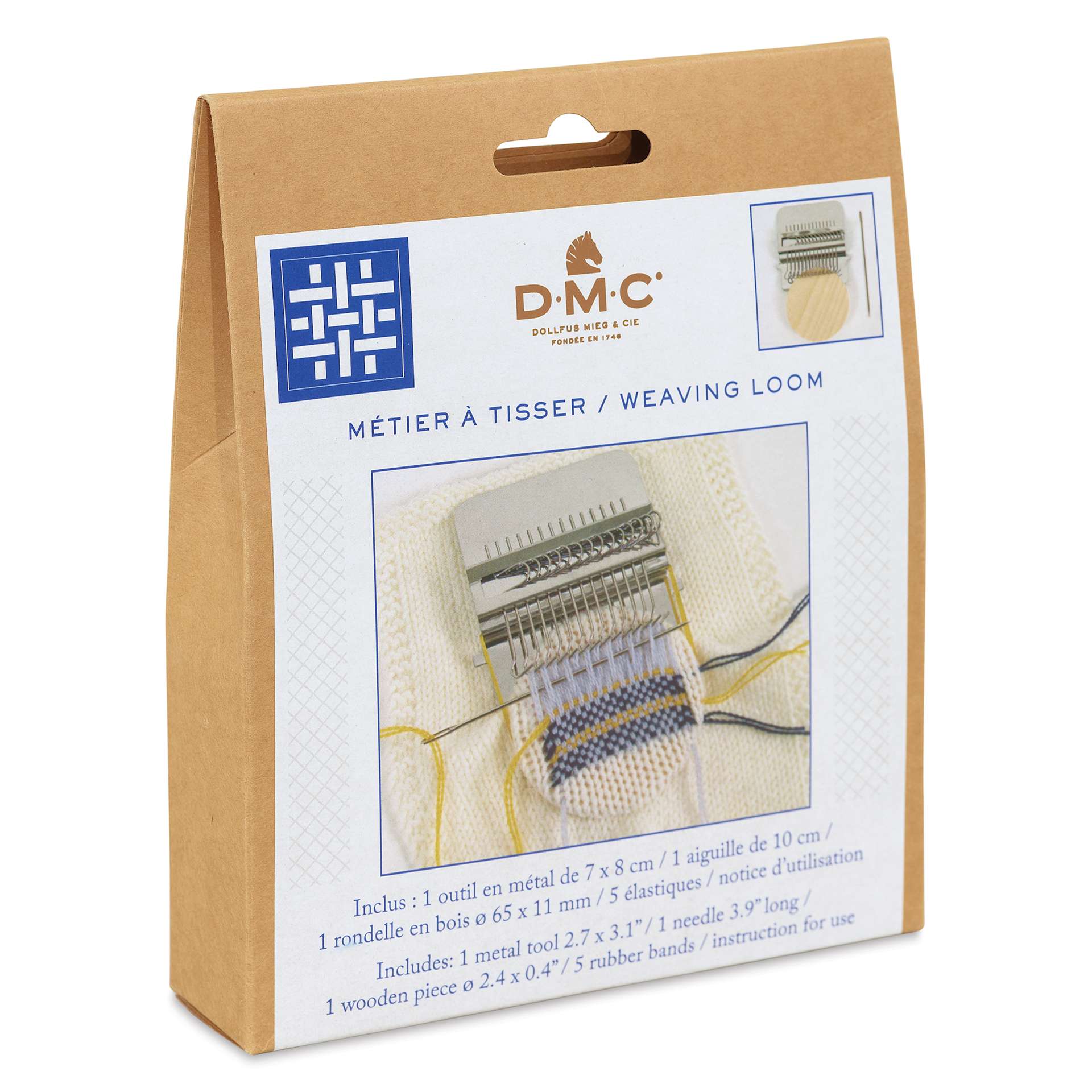 DMC Mini Weaving Loom - front of packaging, angled view