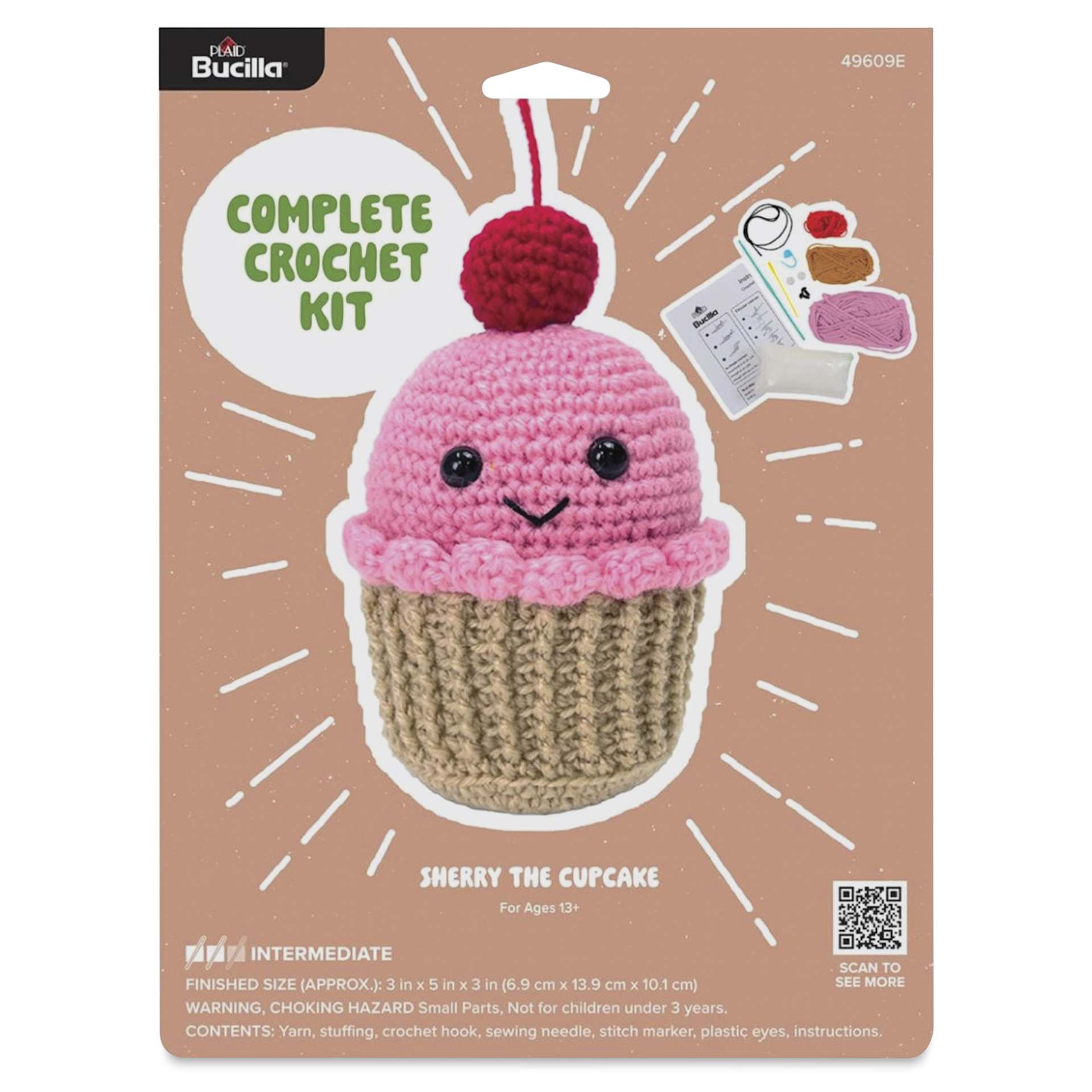 Bucilla Acrylic Yarn Amigurumi Crochet Kit - Sherry the Cupcake, 3" x 5" x 3" - front of packaging