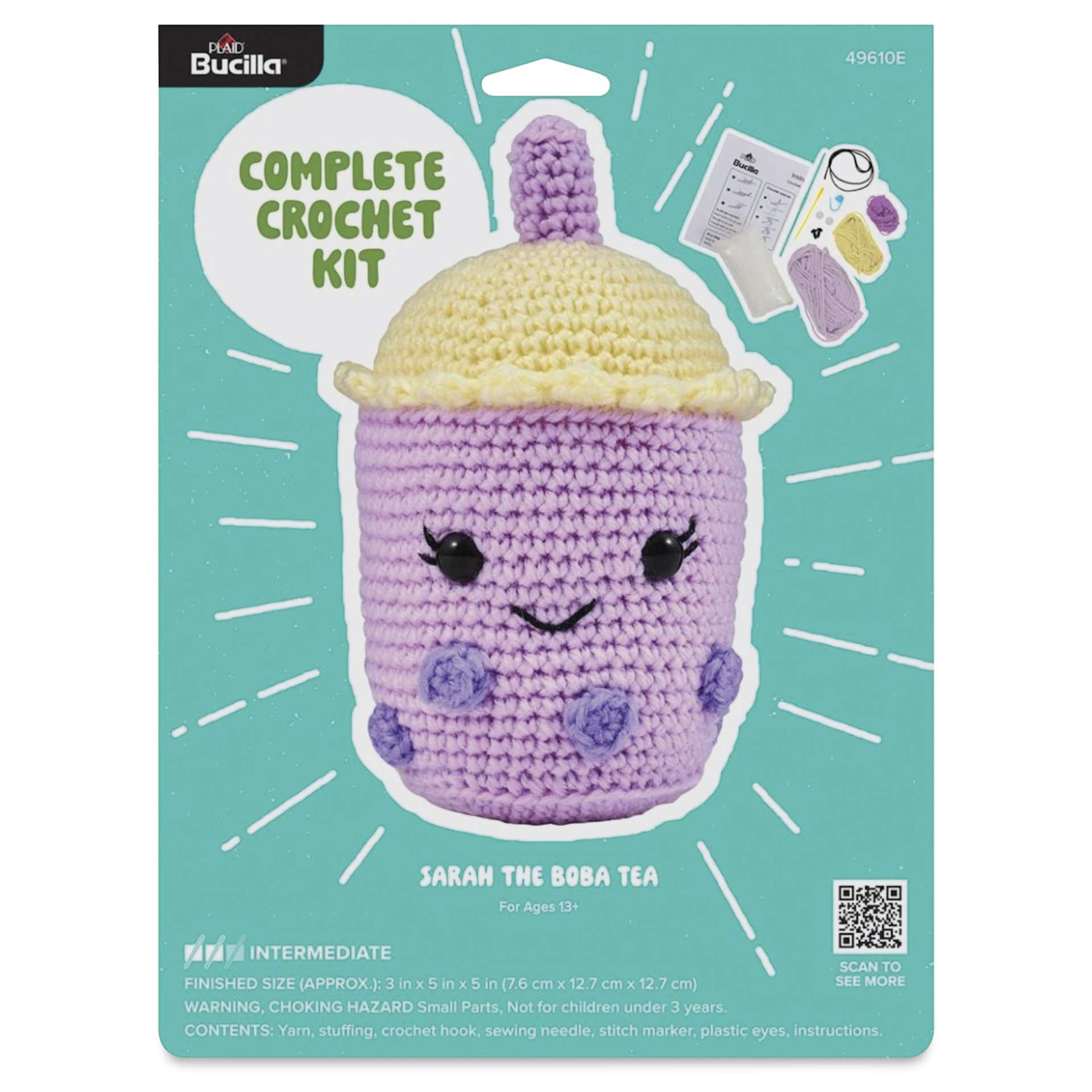 Bucilla Acrylic Yarn Amigurumi Crochet Kit - Sarah the Boba Tea, 3" x 5" x 5" - front of packaging