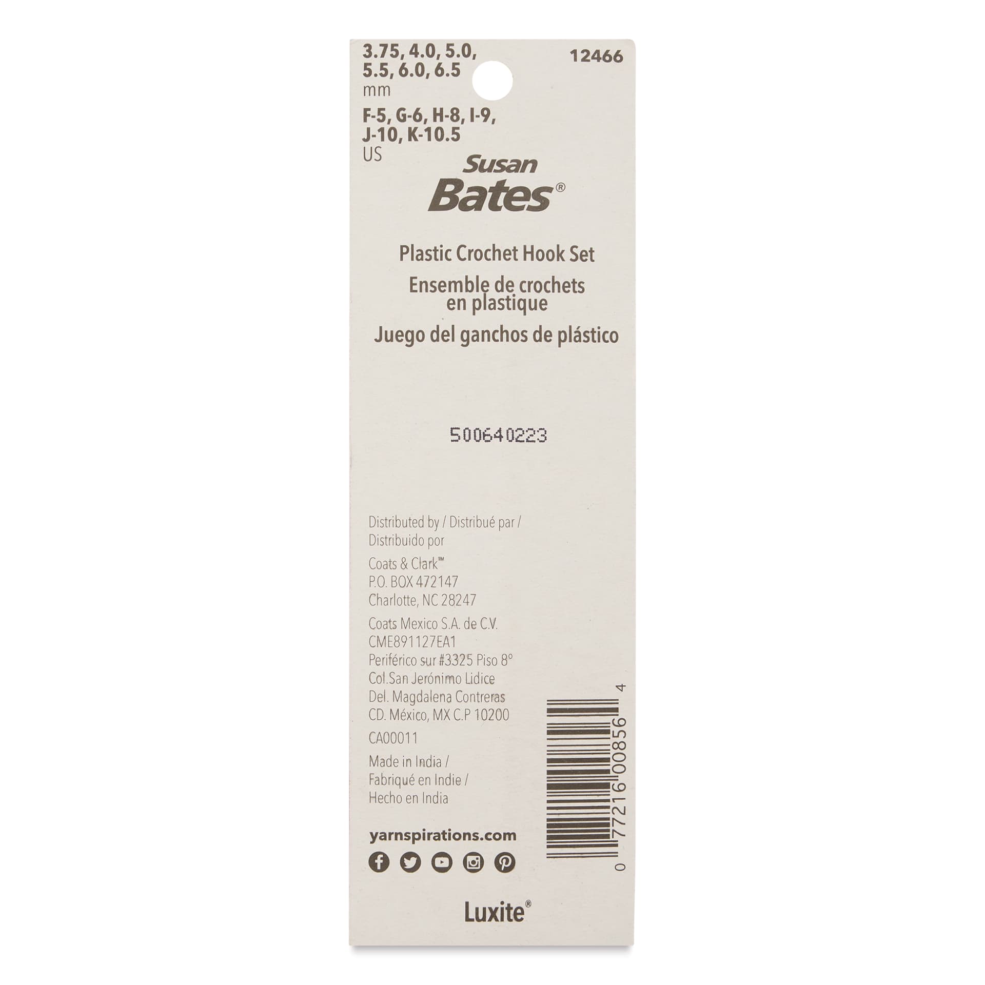 Susan Bates Plastic Crochet Hooks - Set of 6 - back of packaging