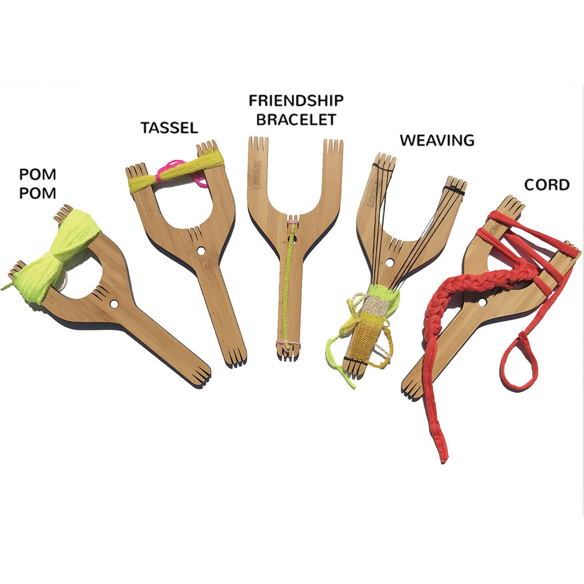 Loome Fiber Craft Tools - Several Slingshot tools with various projects in process
