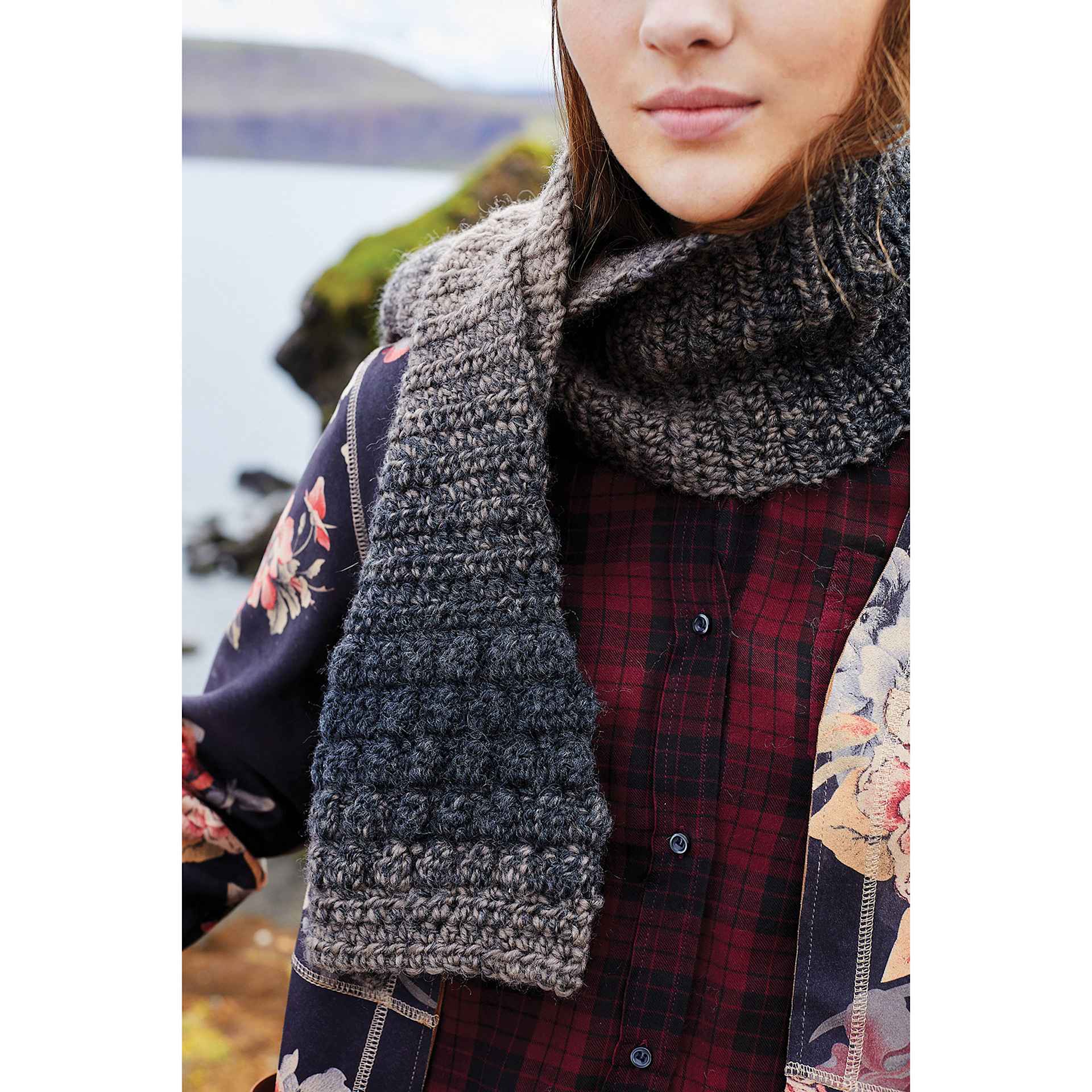 Lion Brand Scarfie Yarn, adult wearing scarf made of yarn