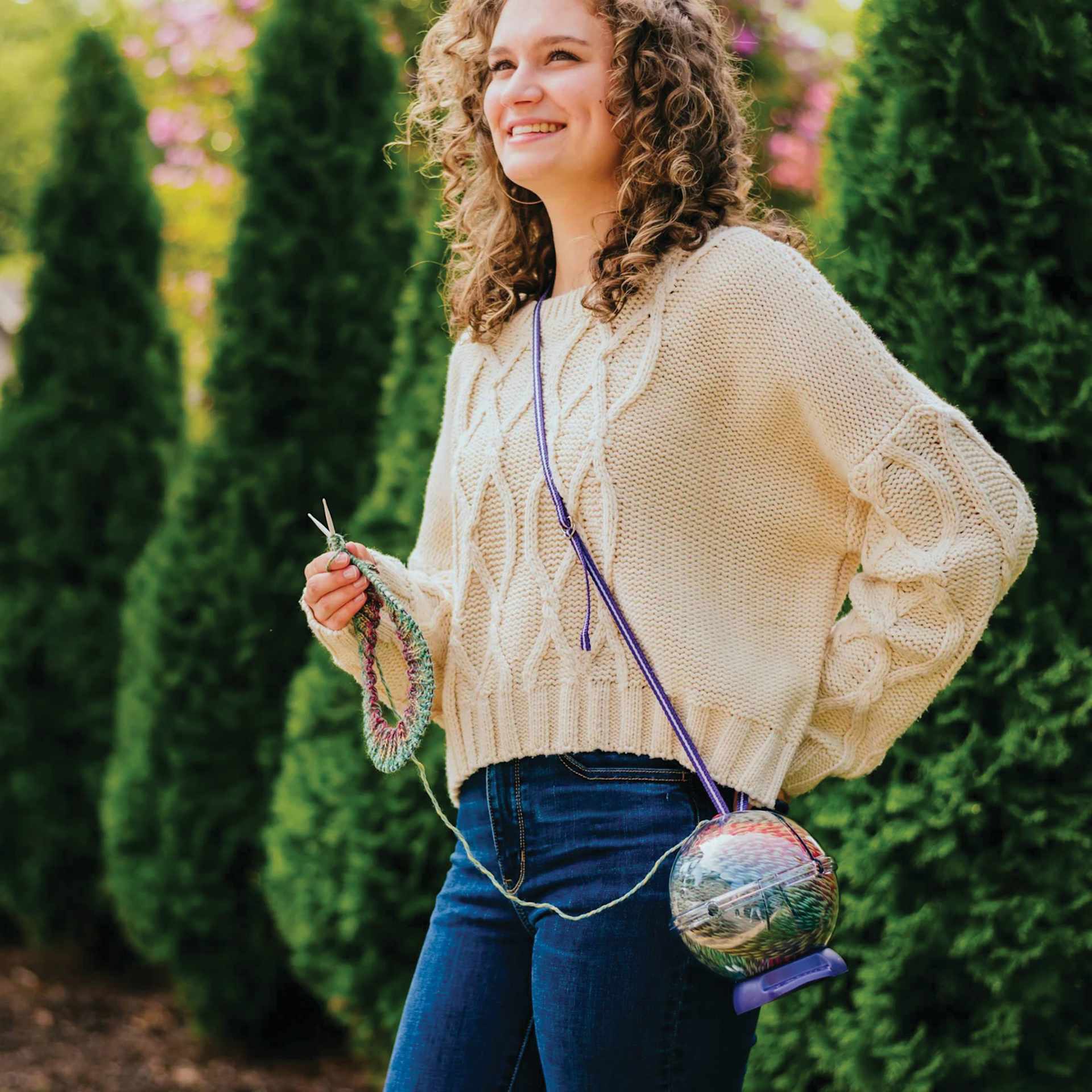 Prym Yarnit Yarn Holder - in use while standing outside