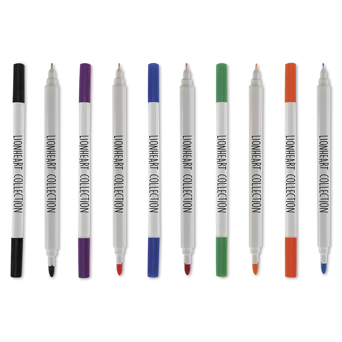Lionheart Write & Color Pens - 10 pens shown vertically, half with caps off showing dual tips