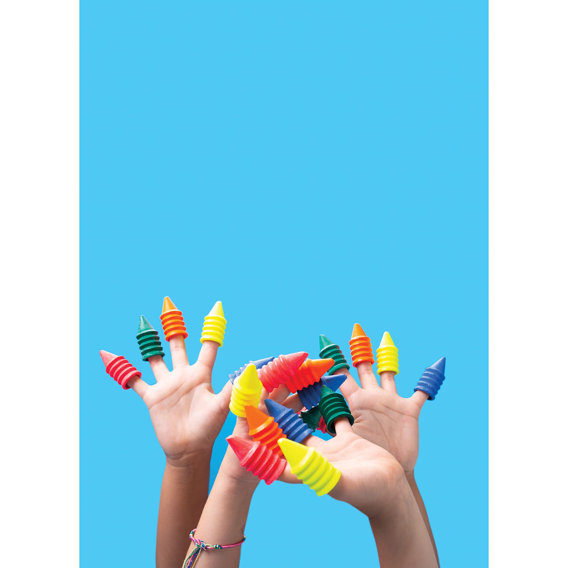 Omy Finger Crayons - Assorted Colors, Set of 6 two pairs of hands raised with a finger crayon on each finger