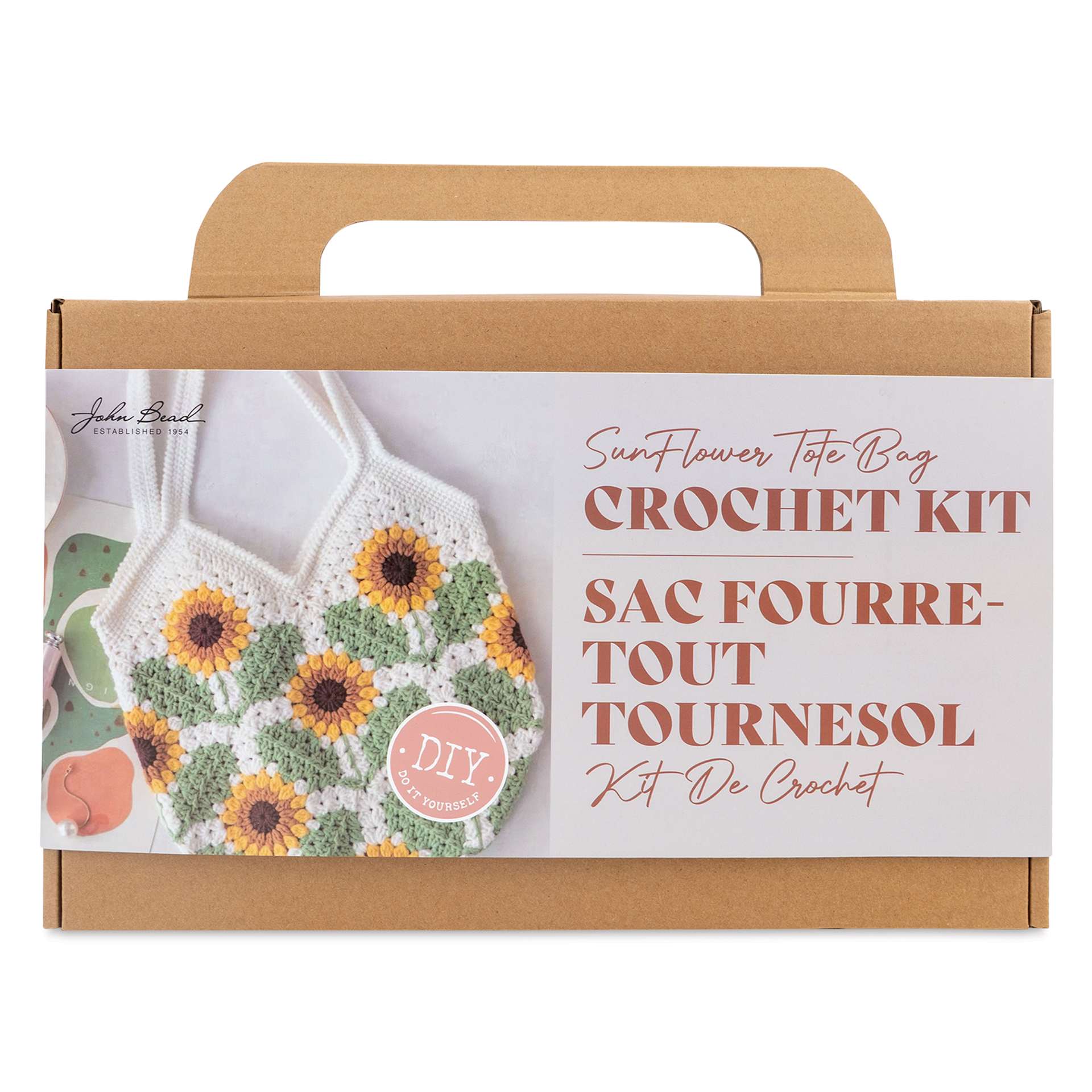 John Bead Sunflower Tote Bag Crochet Kit front of packaging