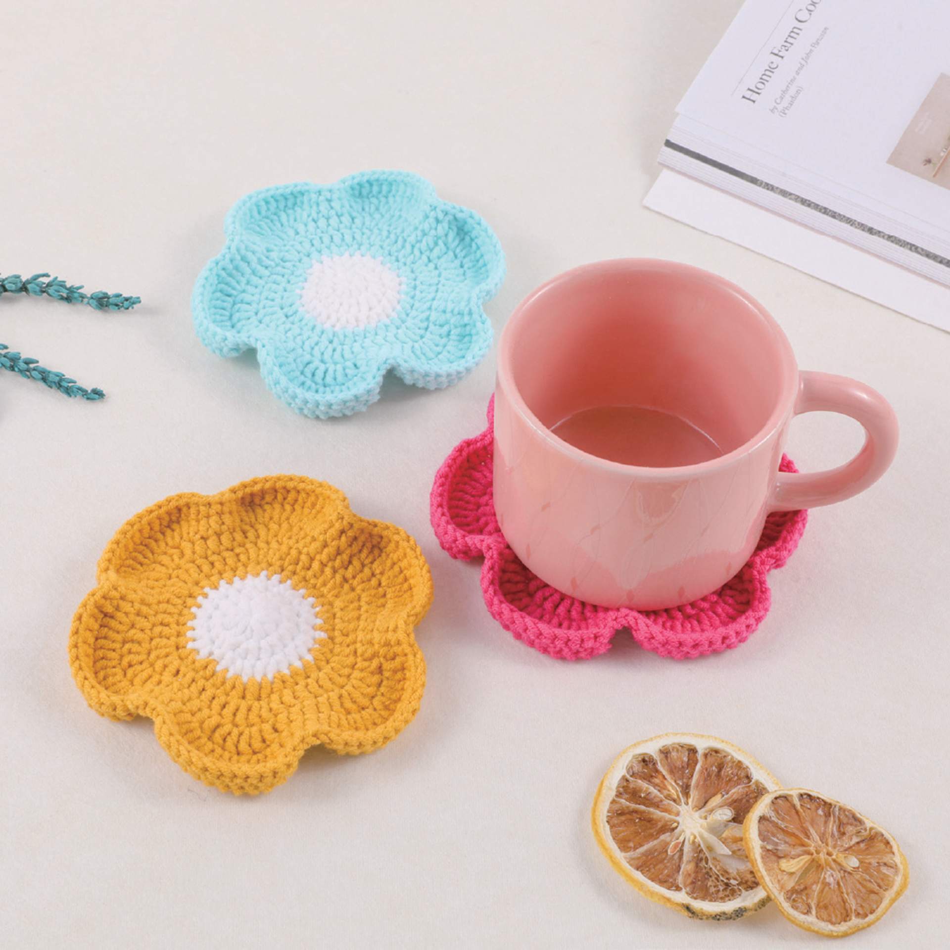 John Bead Flower Coasters Crochet Kit completed flower coasters project