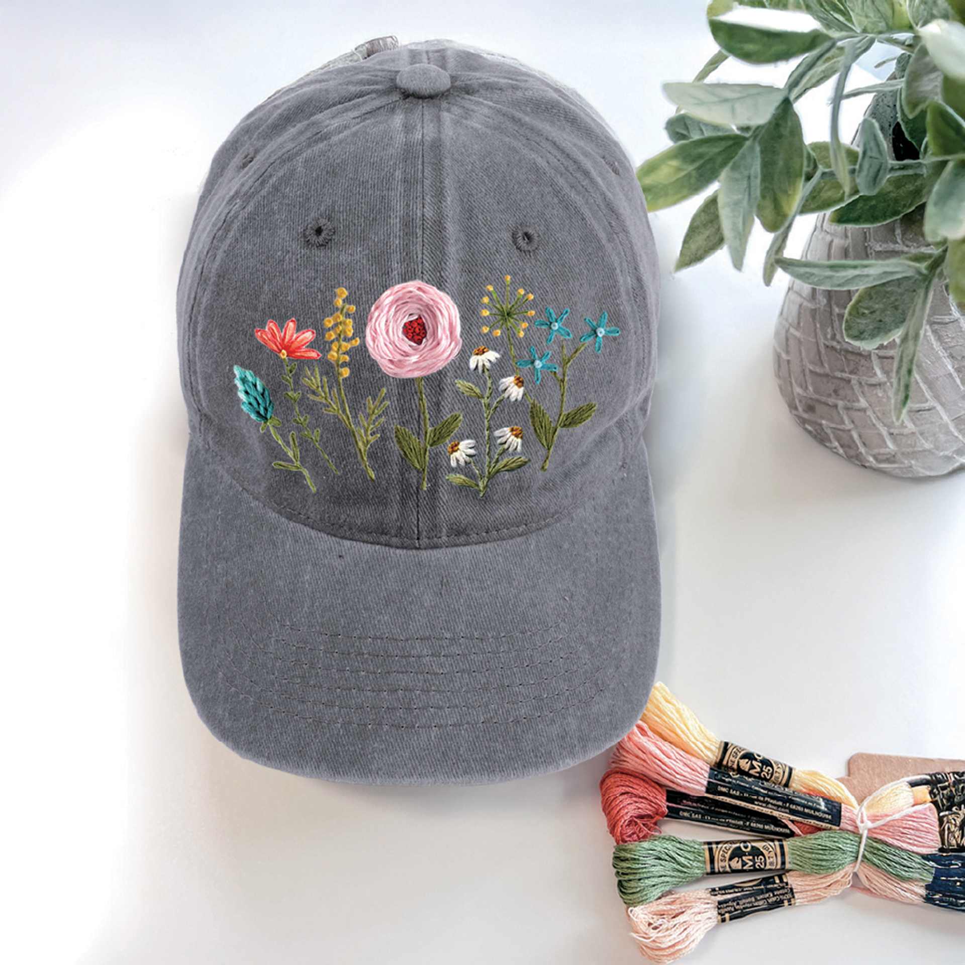 John Bead Embroidered Hat DIY Kit completed pre-printed hat