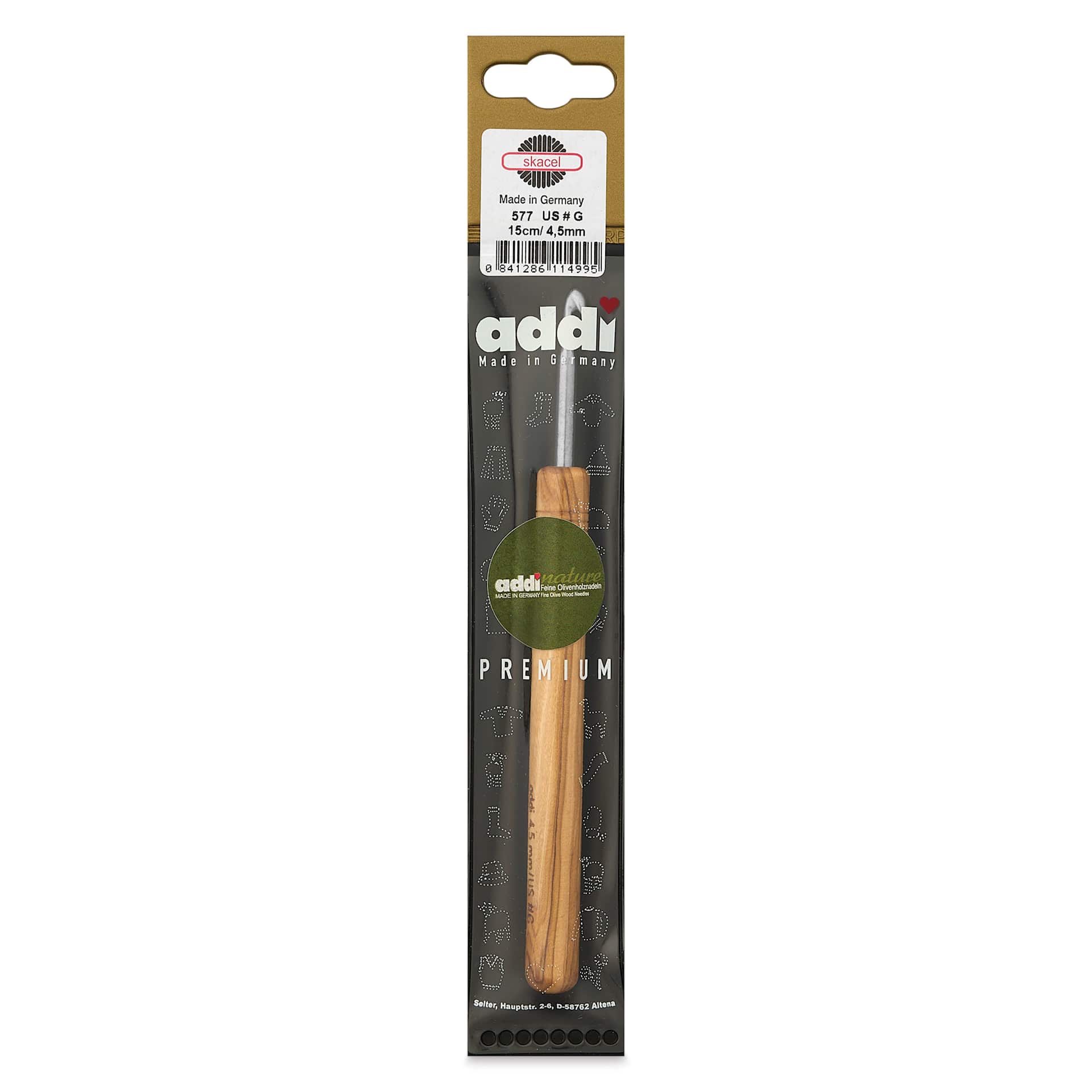 Skacel by Addi Olive Wood Crochet Hook - US G, 4.50 mm front of packaging