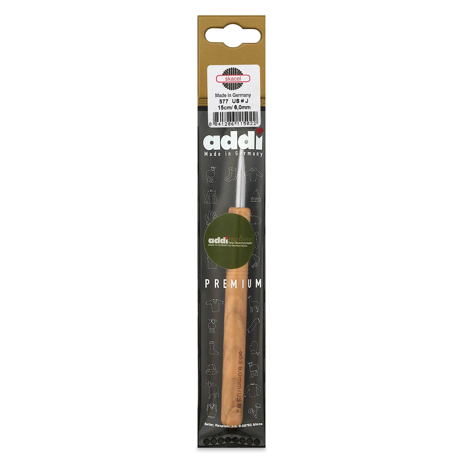 Skacel by Addi Olive Wood Crochet Hook - US J, 6.00 mm front of packaging