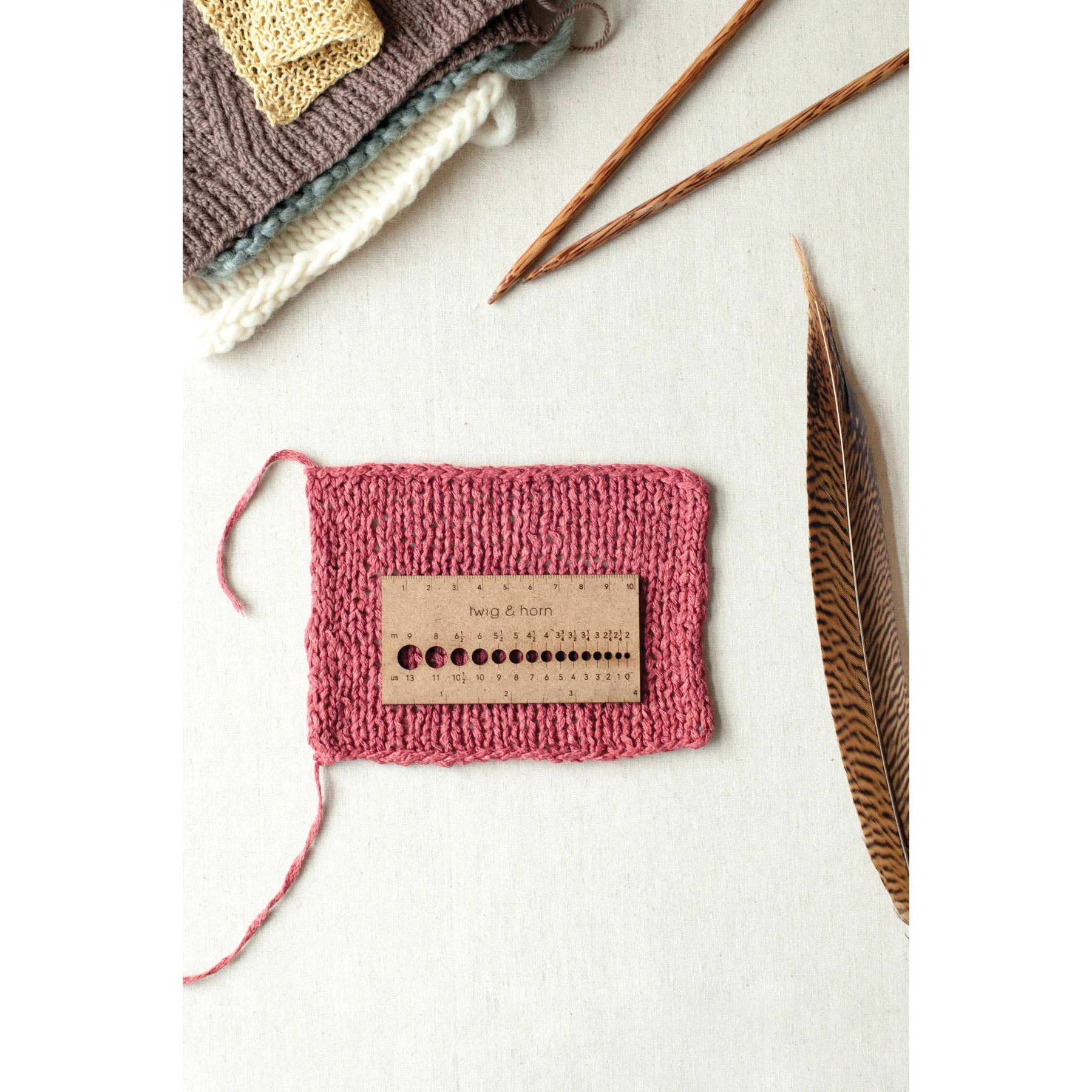 Twig & Horn Small Gauge Knitting Ruler along with knitting project