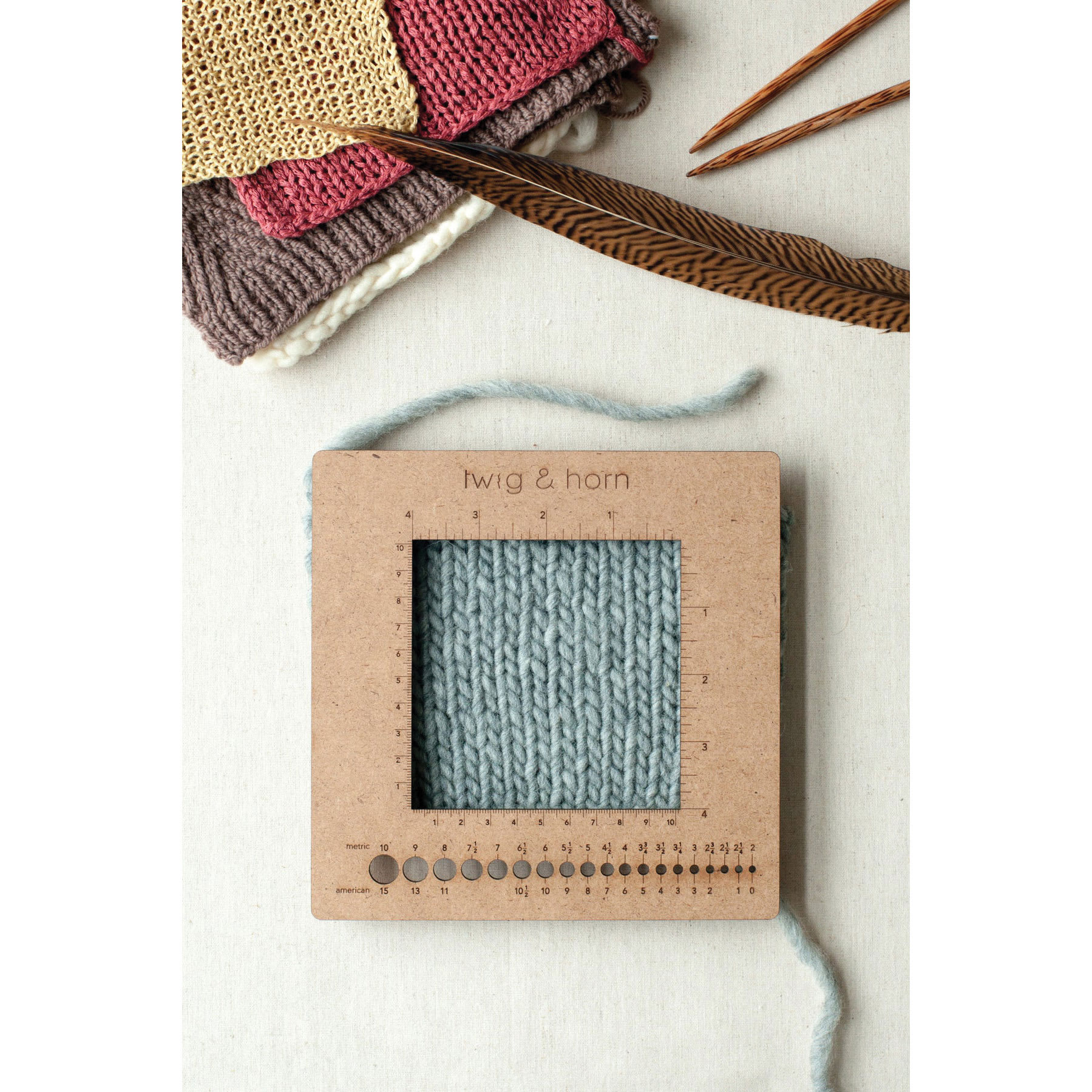 Twig & Horn Square Gauge Knitting Ruler with in progress project