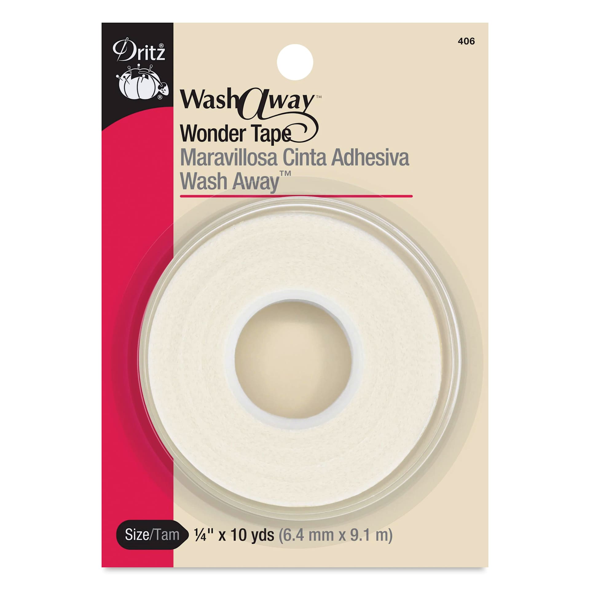 Dritz Wash-A-Way Wonder Tape - Transparent, 1/4" x 10 yds front of packaging
