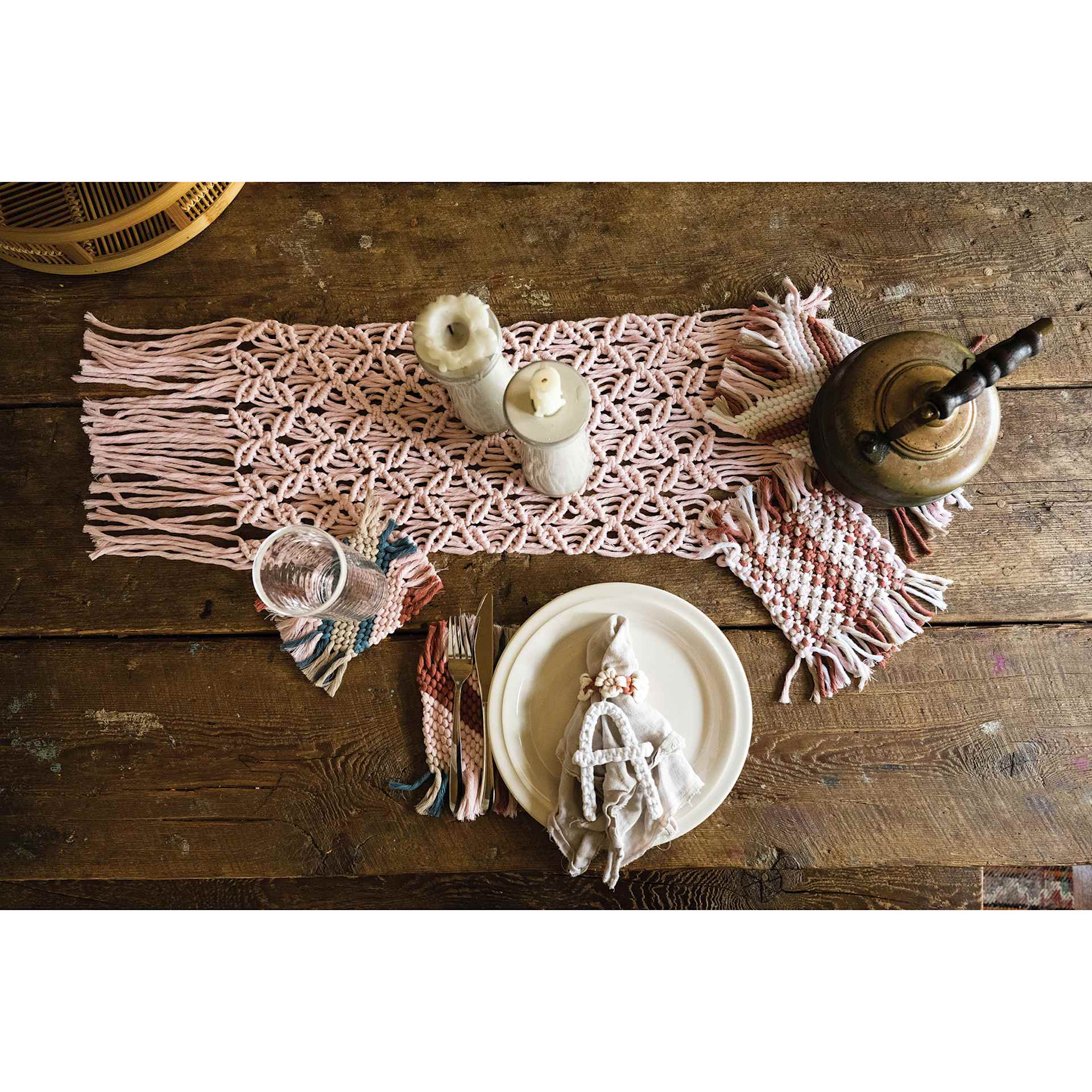 Lion Brand Mac-Re-Me Yarn, finished crochet table topper and coasters