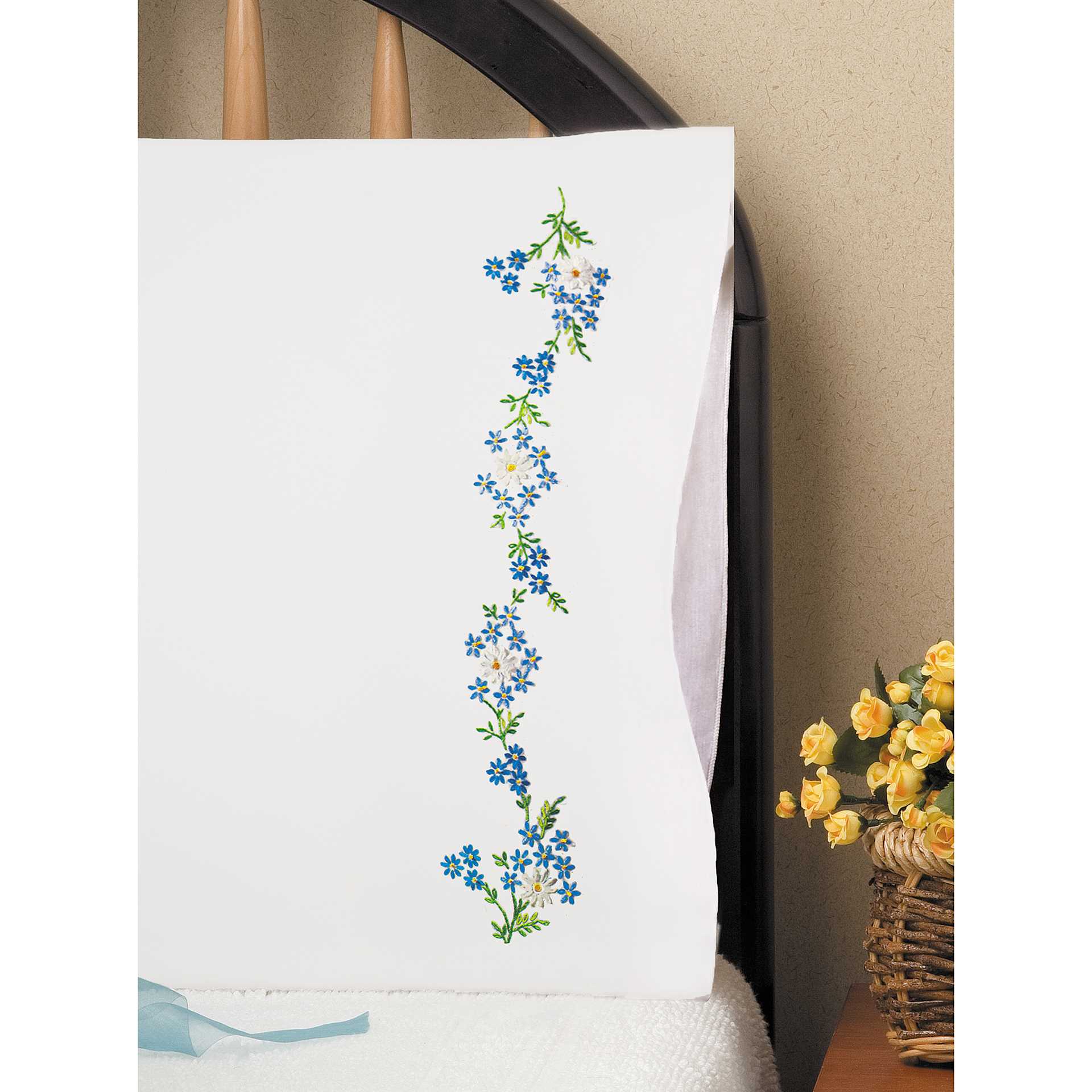 Design Works Stamped For Embroidery Pillowcase - Blue Daisies, sample of finished embroidery