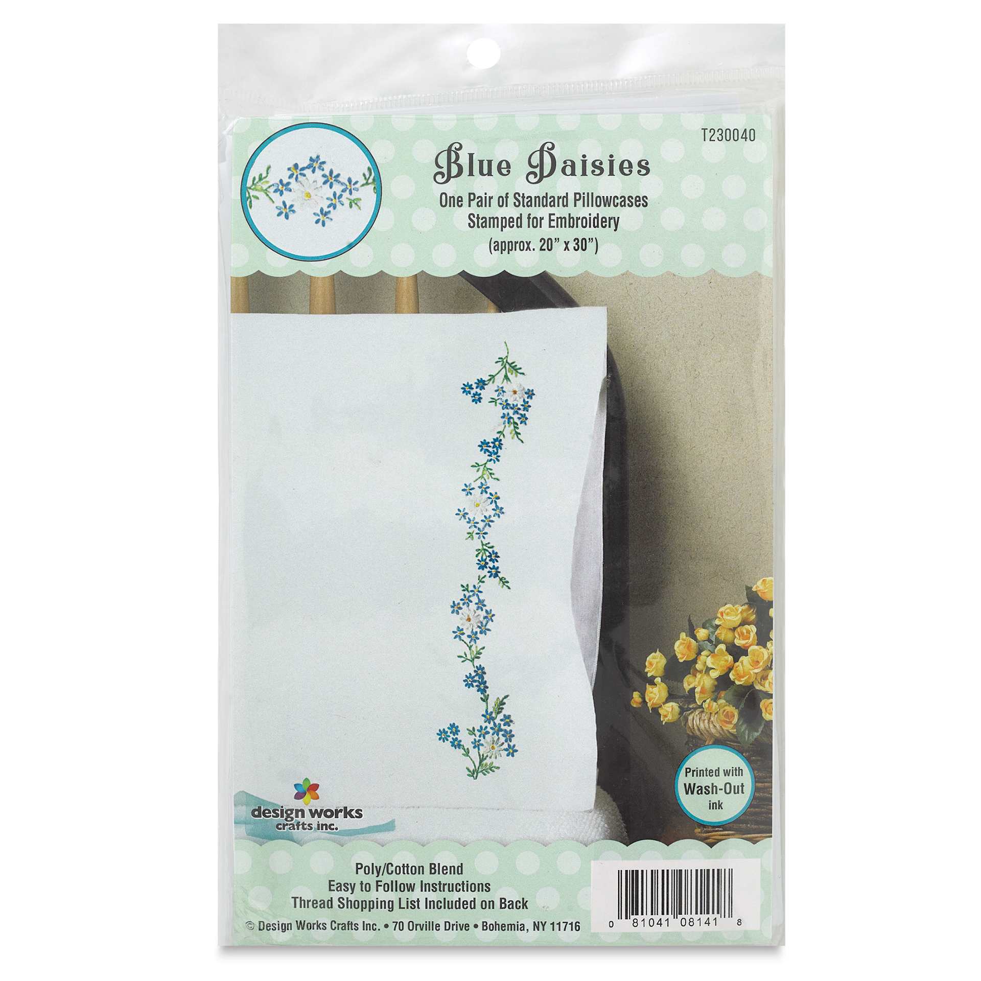 Design Works Stamped For Embroidery Pillowcase - Blue Daisies, Pkg of 2, front of the packaging