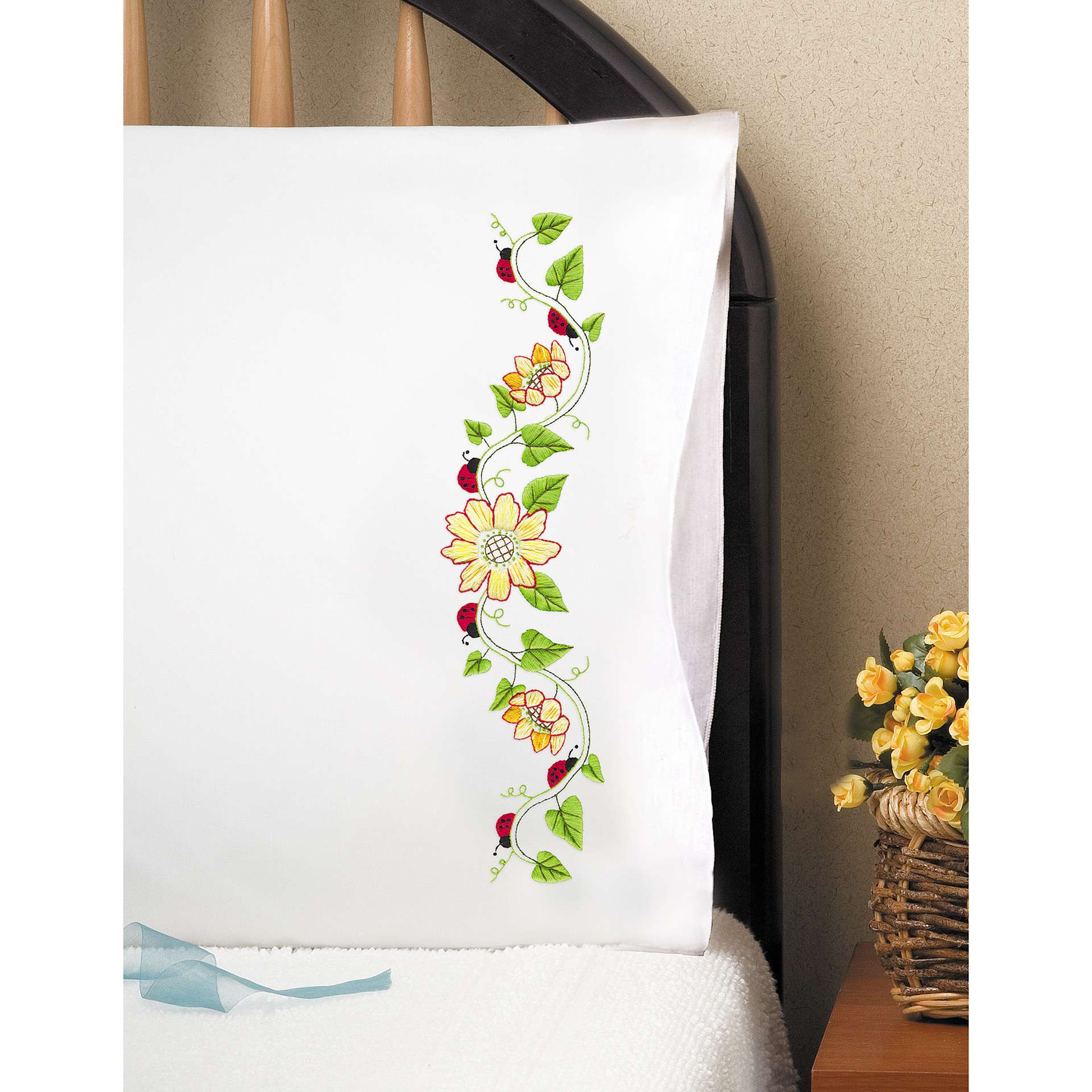 Design Works Stamped For Embroidery Pillowcase - Sunflowers, samples of finished embroidery