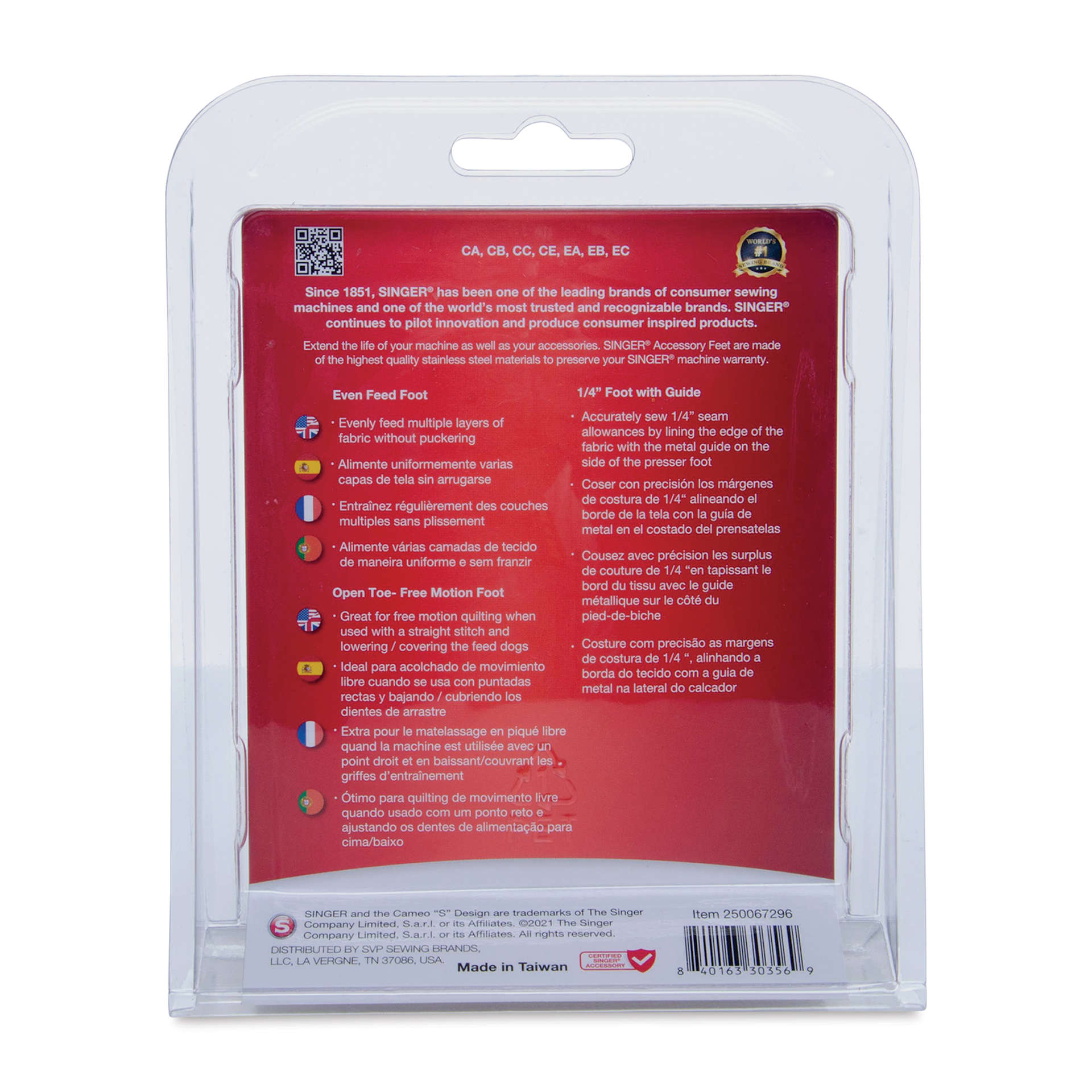 Singer Quilting Presser Foot Kit, back of the packaging
