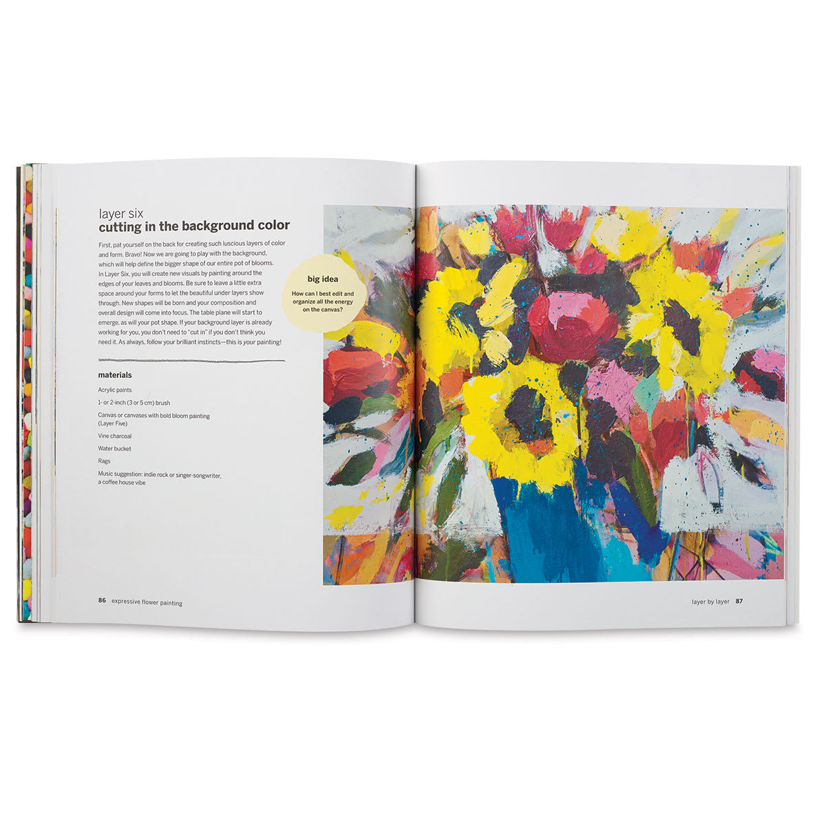 Expressive Flower Painting - Spread discussing cutting in background
