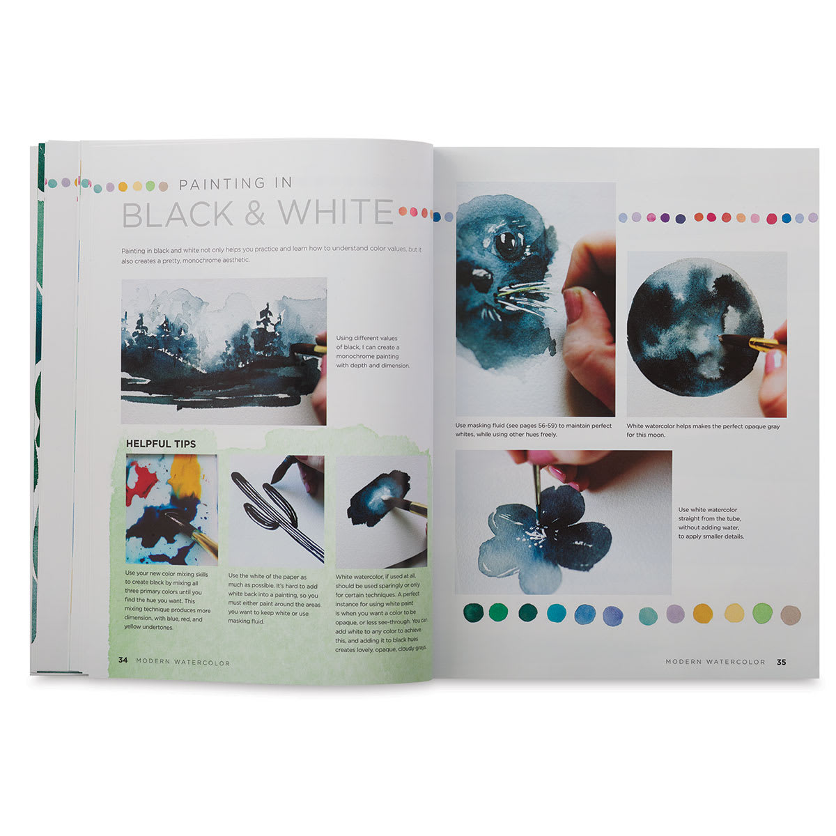 Modern Watercolor - Inside spread showing Painting in Black and White techniques
