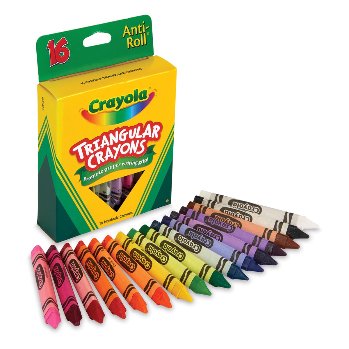 Crayola Triangular Crayons - Set of 16, crayons laid out in front pack