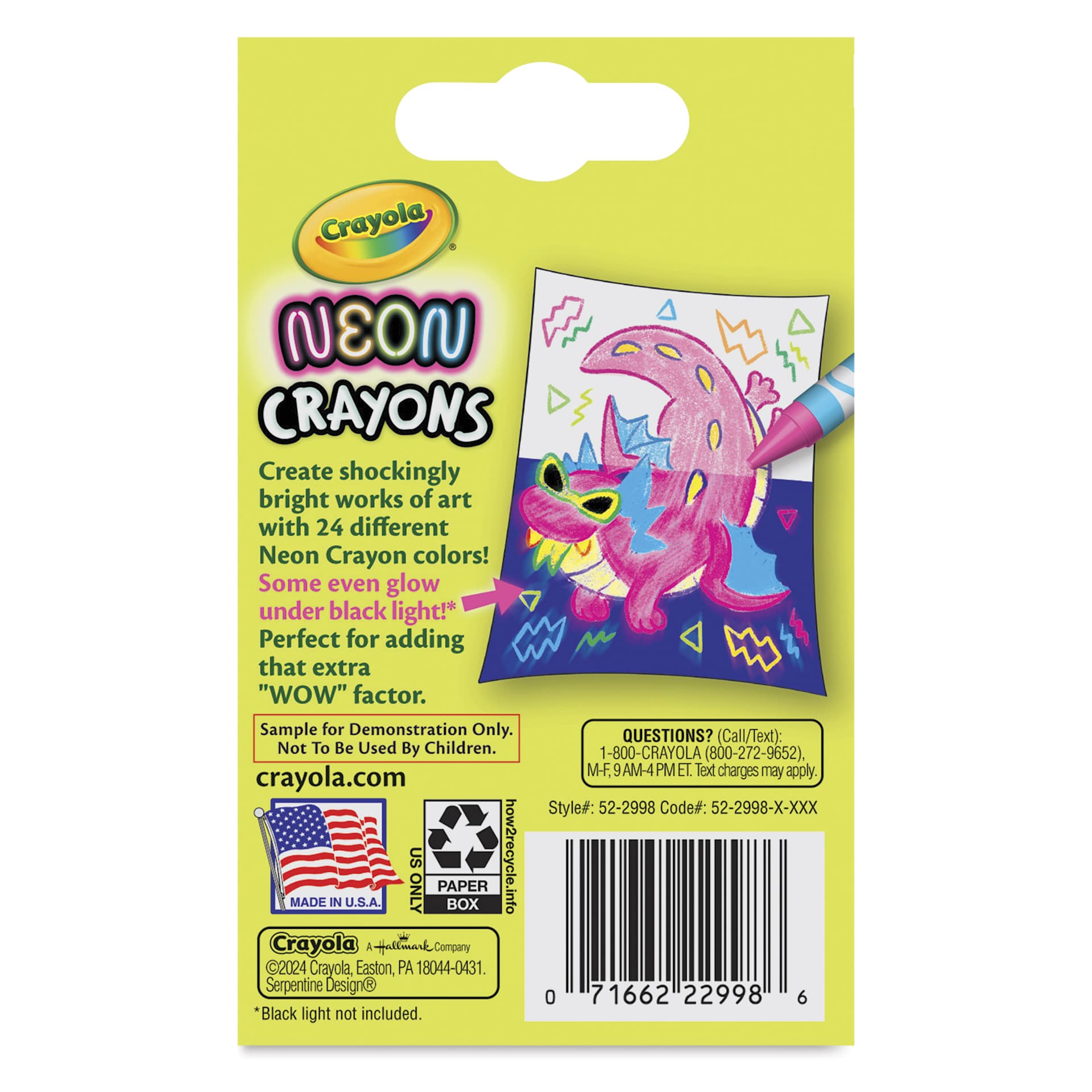 Crayola Neon Crayons - Glow Colors, Set of 24, back of the packaging