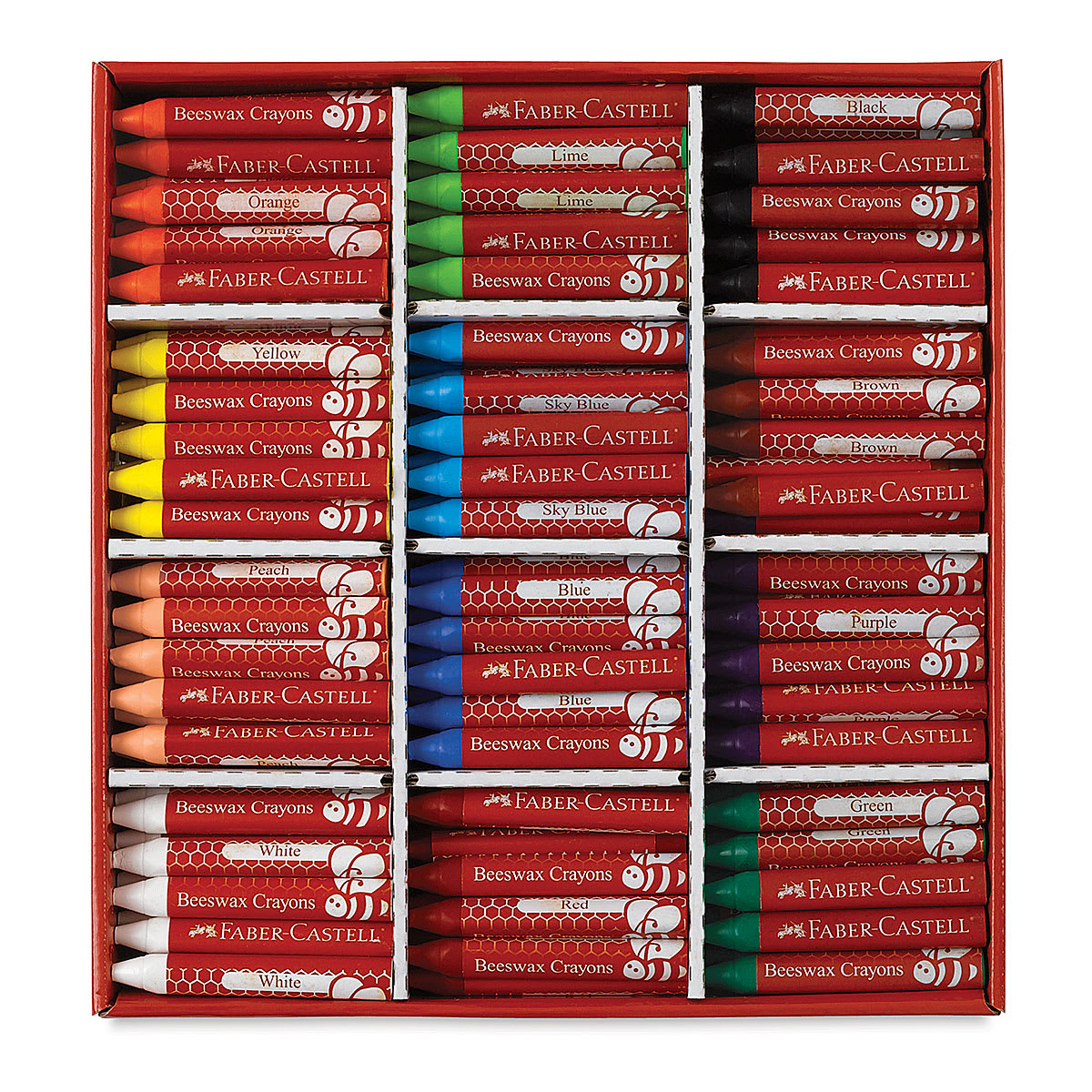 Faber-Castell Jumbo Beeswax Crayon Sets - Class pack package of 240 open showing sections
