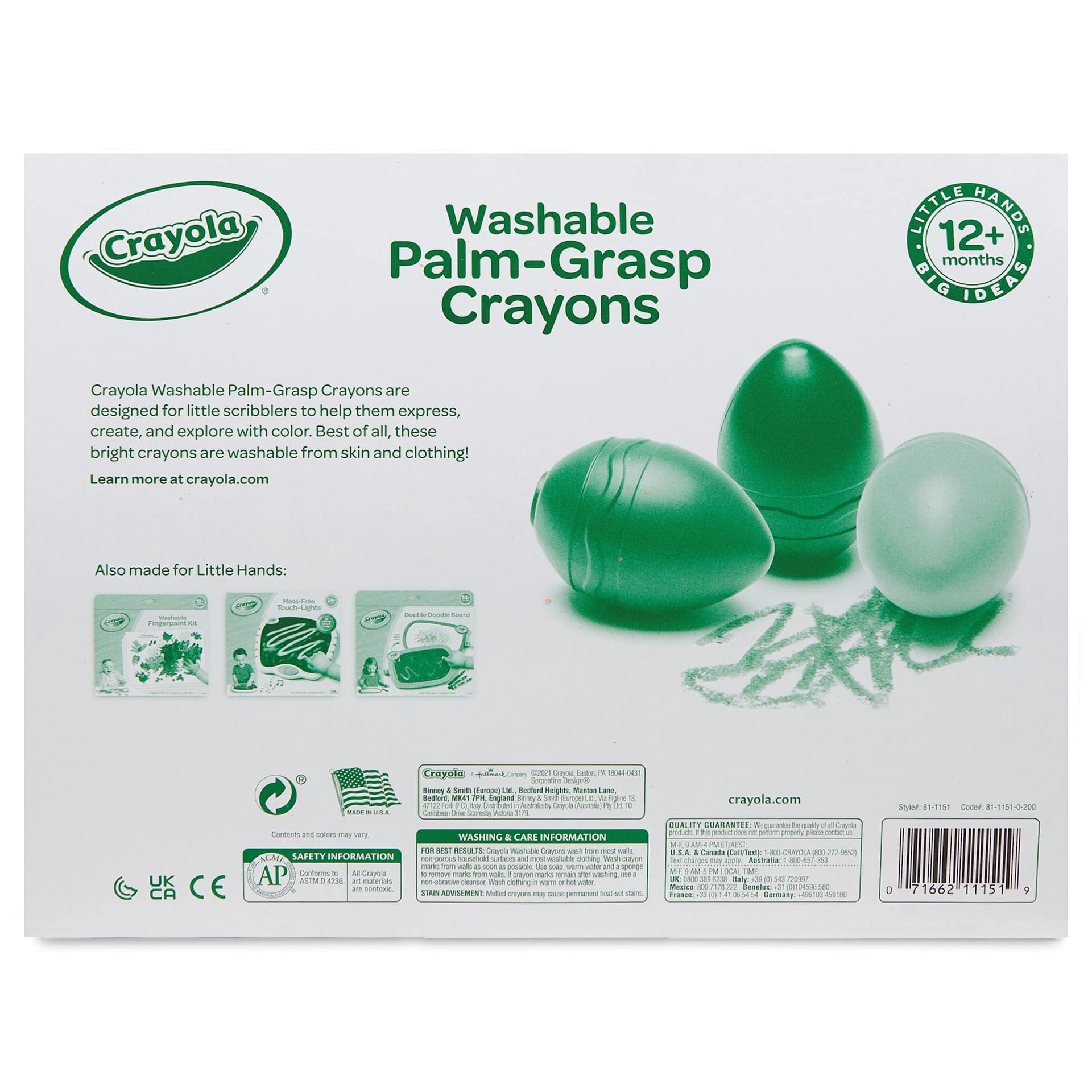 Crayola Young Kids Palm-Grasp Crayons - Set of 12, back of the packaging