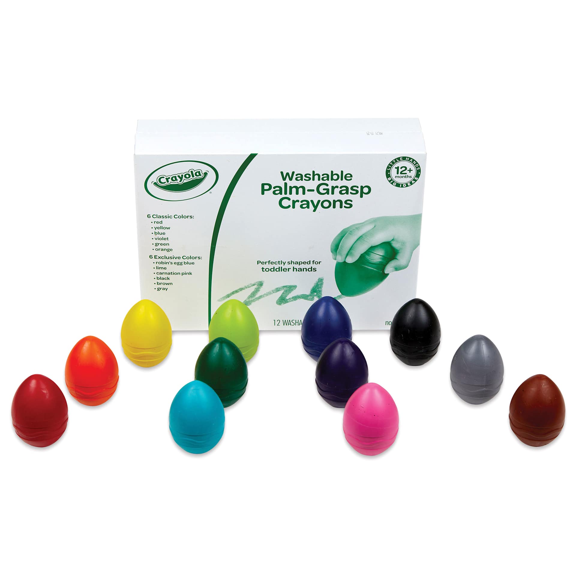 Crayola Young Kids Palm-Grasp Crayons - Set of 12, packaging and crayons