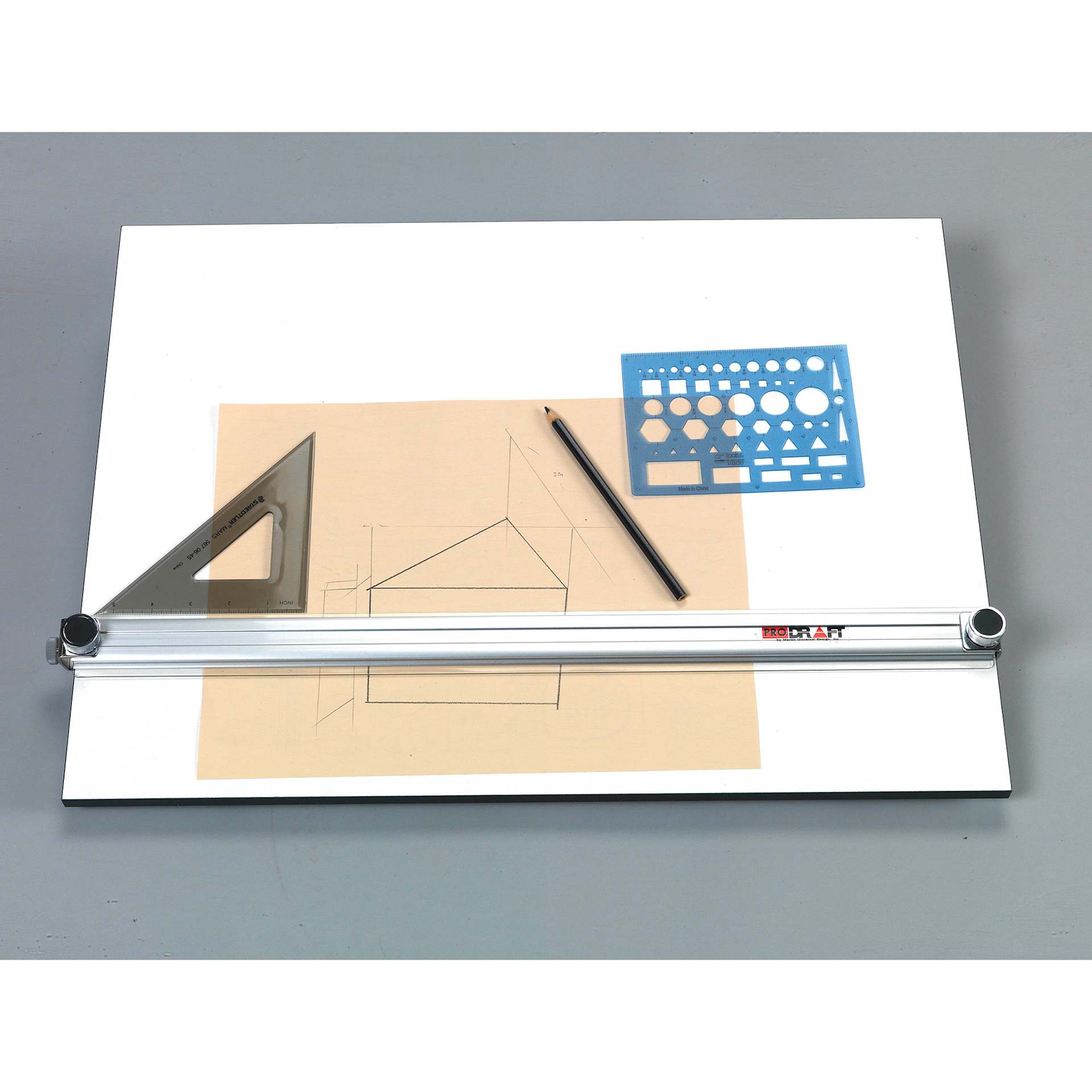 Pro-Draft Deluxe Parallel Straightedge Drawing Board, flat with drawing tools on top