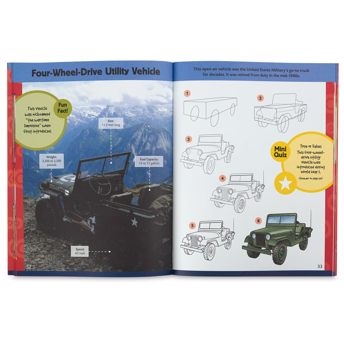 Learn to Draw Military Machines - Spread showing steps to draw a Jeep
