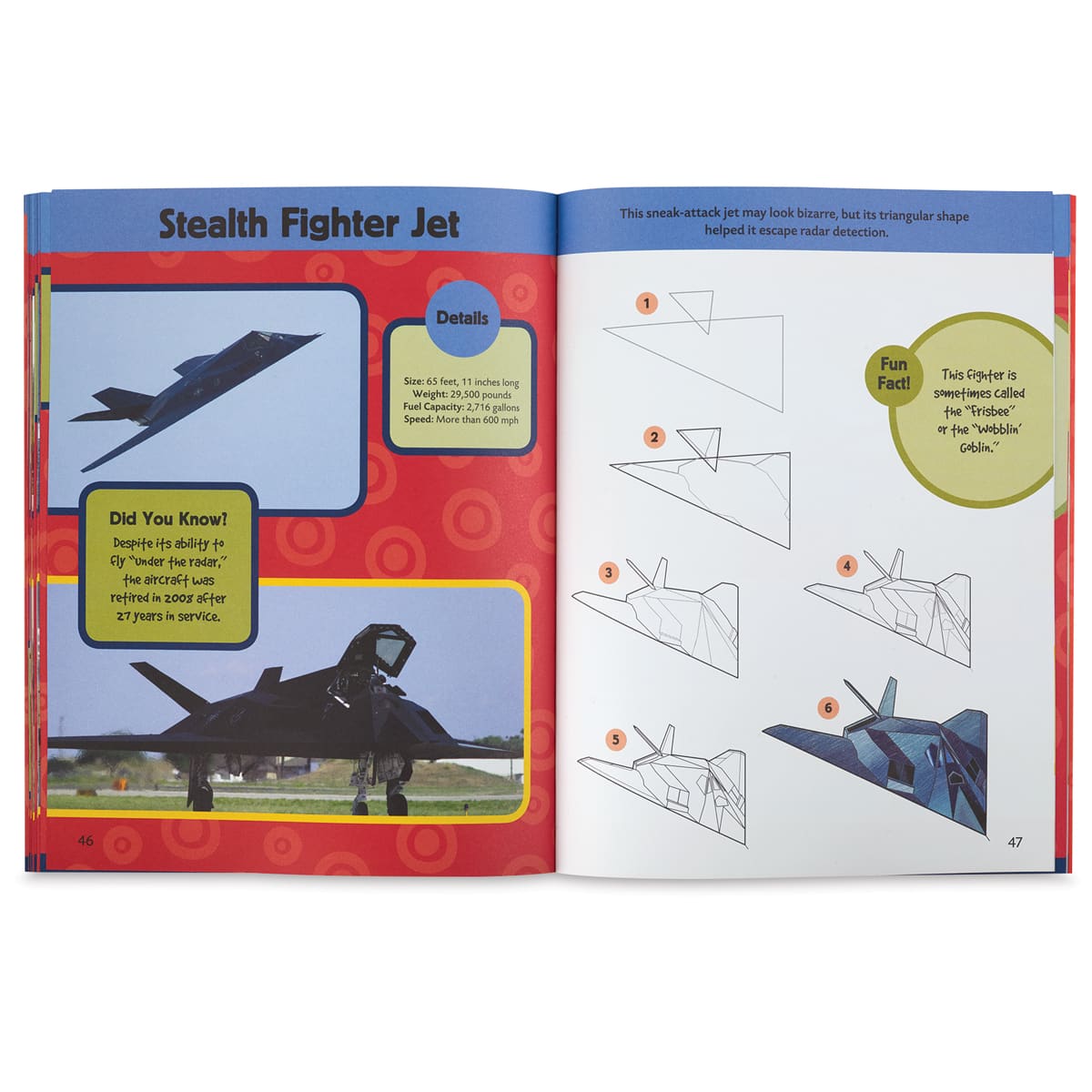 Learn to Draw Military Machines - Spread showing steps to draw a Stealth Fighter Jet