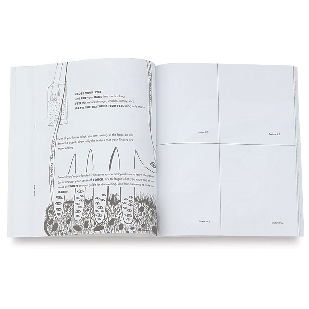 The Drawing Mind - Spread with exercise about feeling different Textures 
