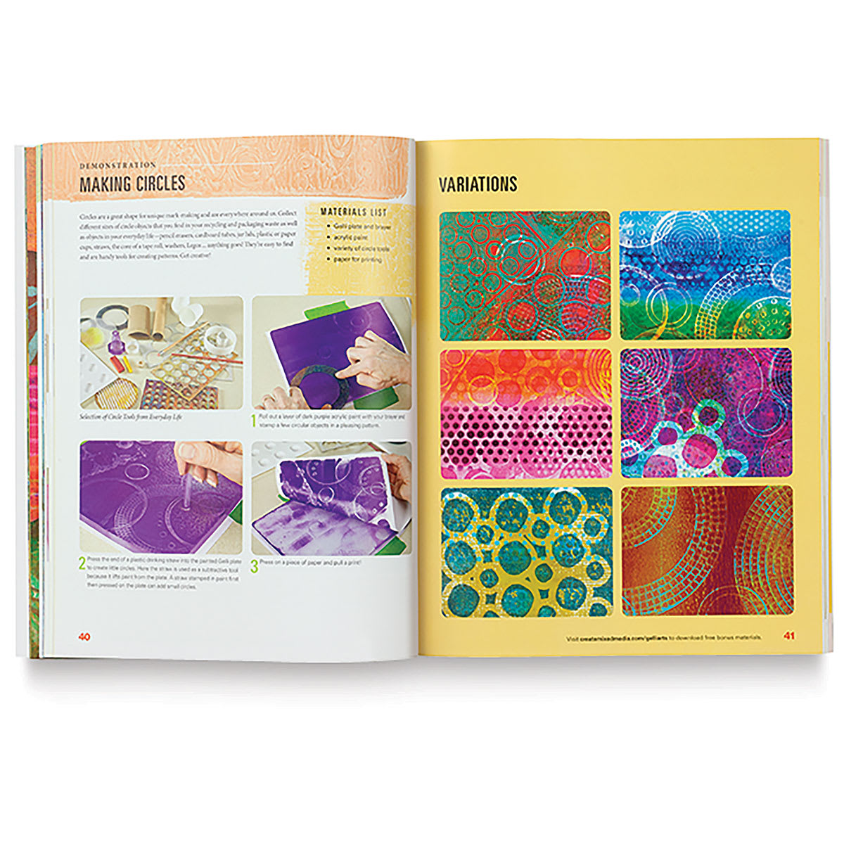 Gelli Plate Printing - Inside spread showing circle variations
