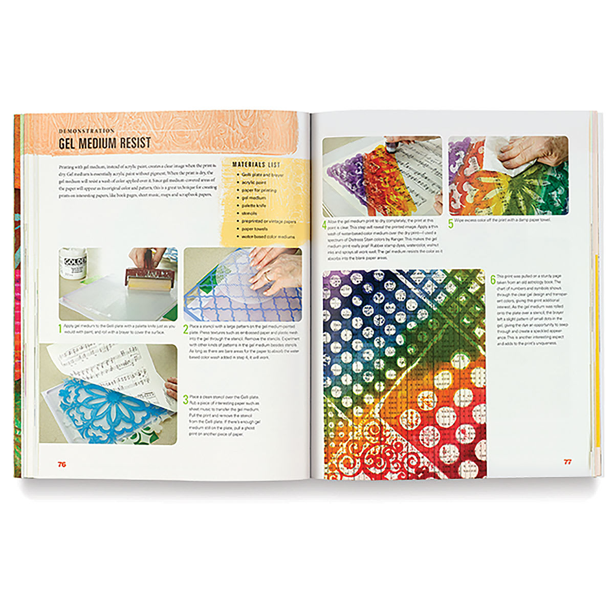 Gelli Plate Printing - Inside spread titled "Medium Resist"
