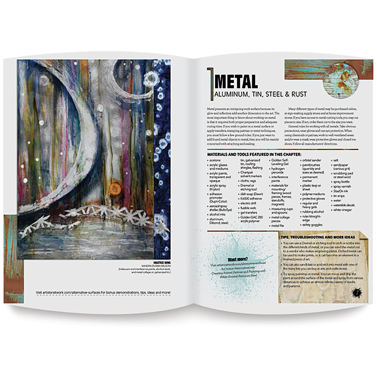 Alternative Art Surfaces - Spread showing tips for painting on Metal
