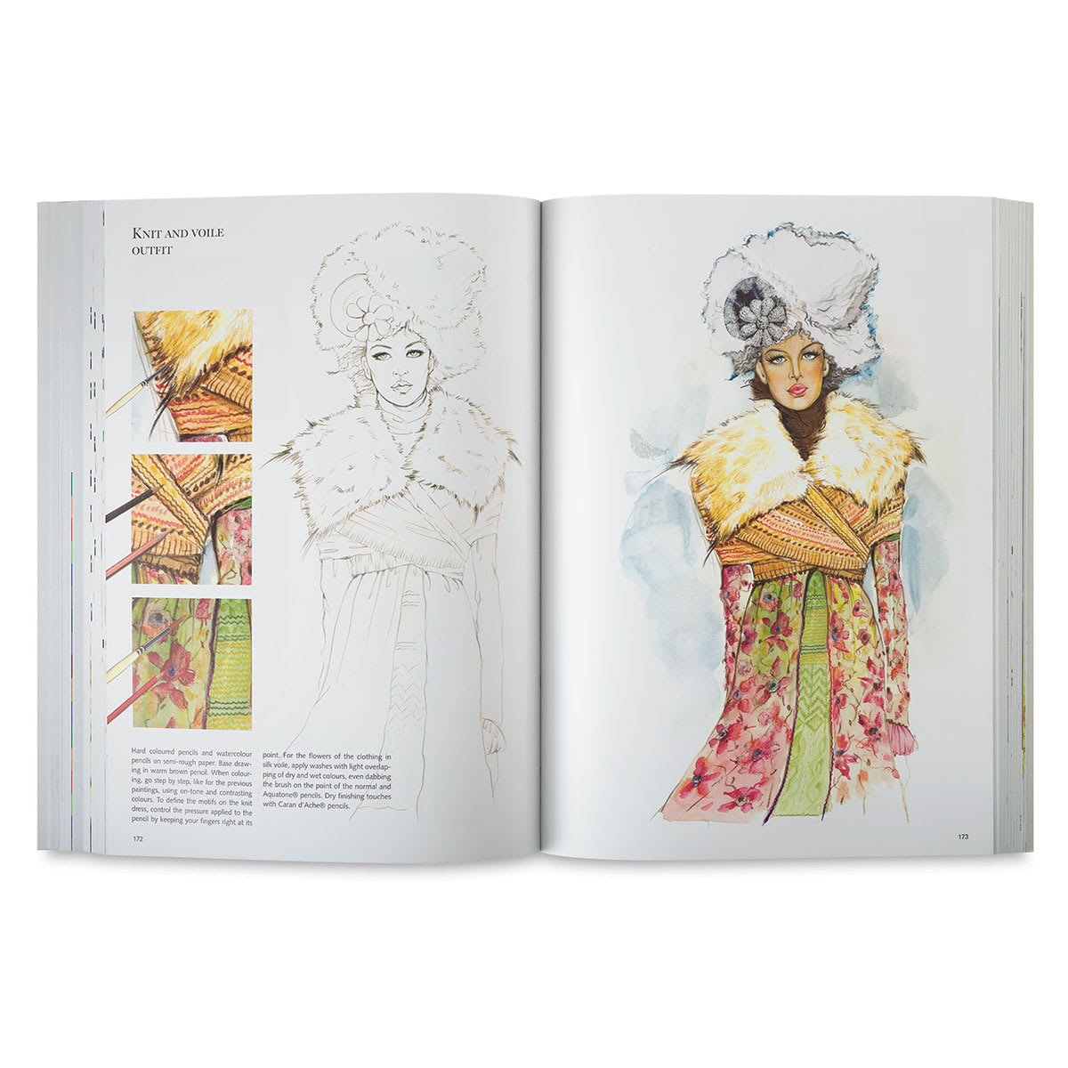 Colour in Fashion Illustration - Spread with techniques for drawing different fabrics
