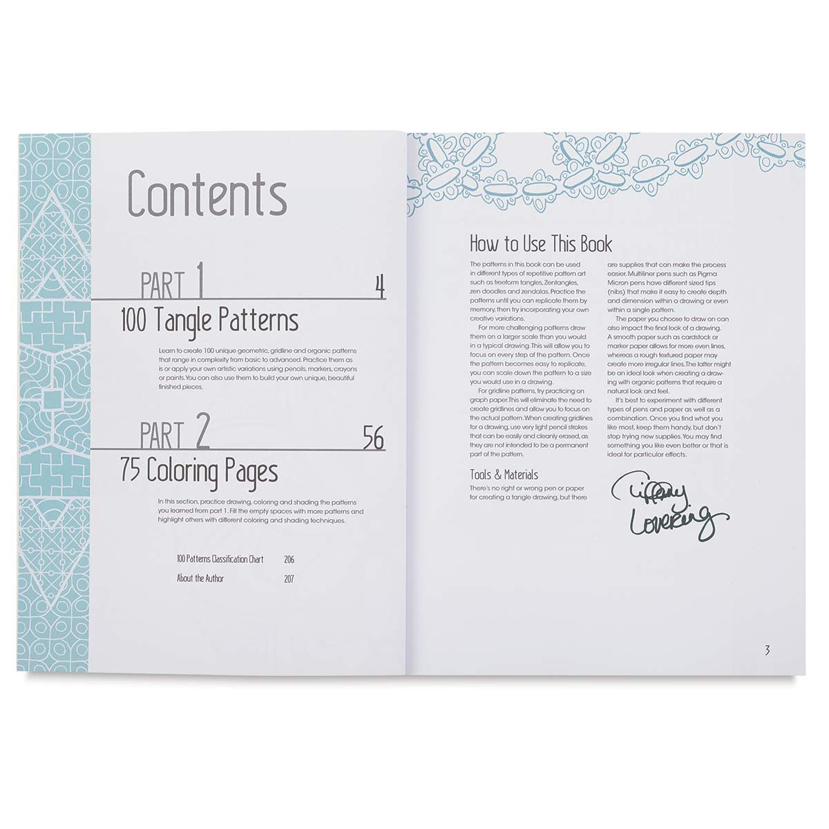 The Coloring Book of Tangle Patterns - Inside spread with Table of Contents