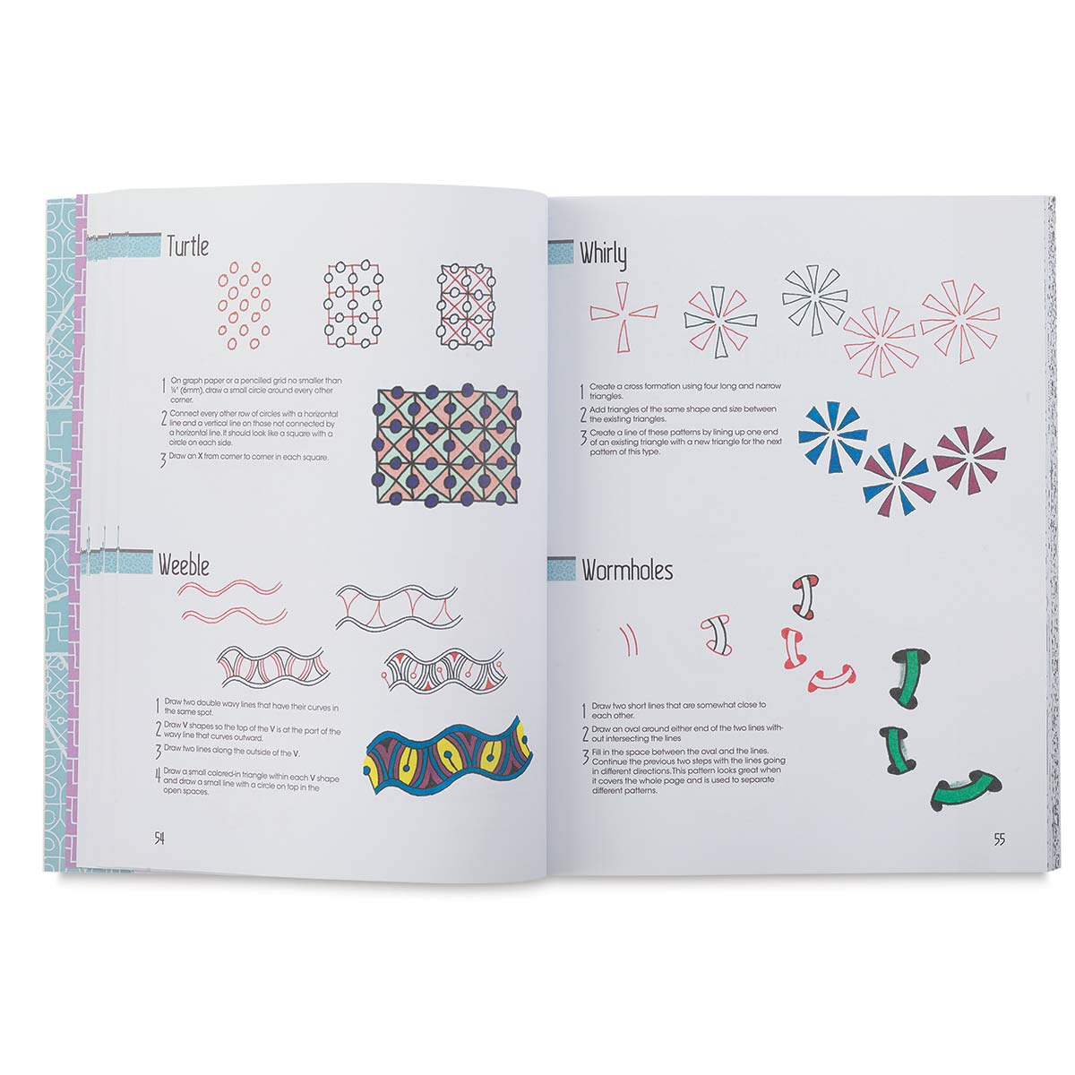 The Coloring Book of Tangle Patterns - Spread showing steps for specific patterns